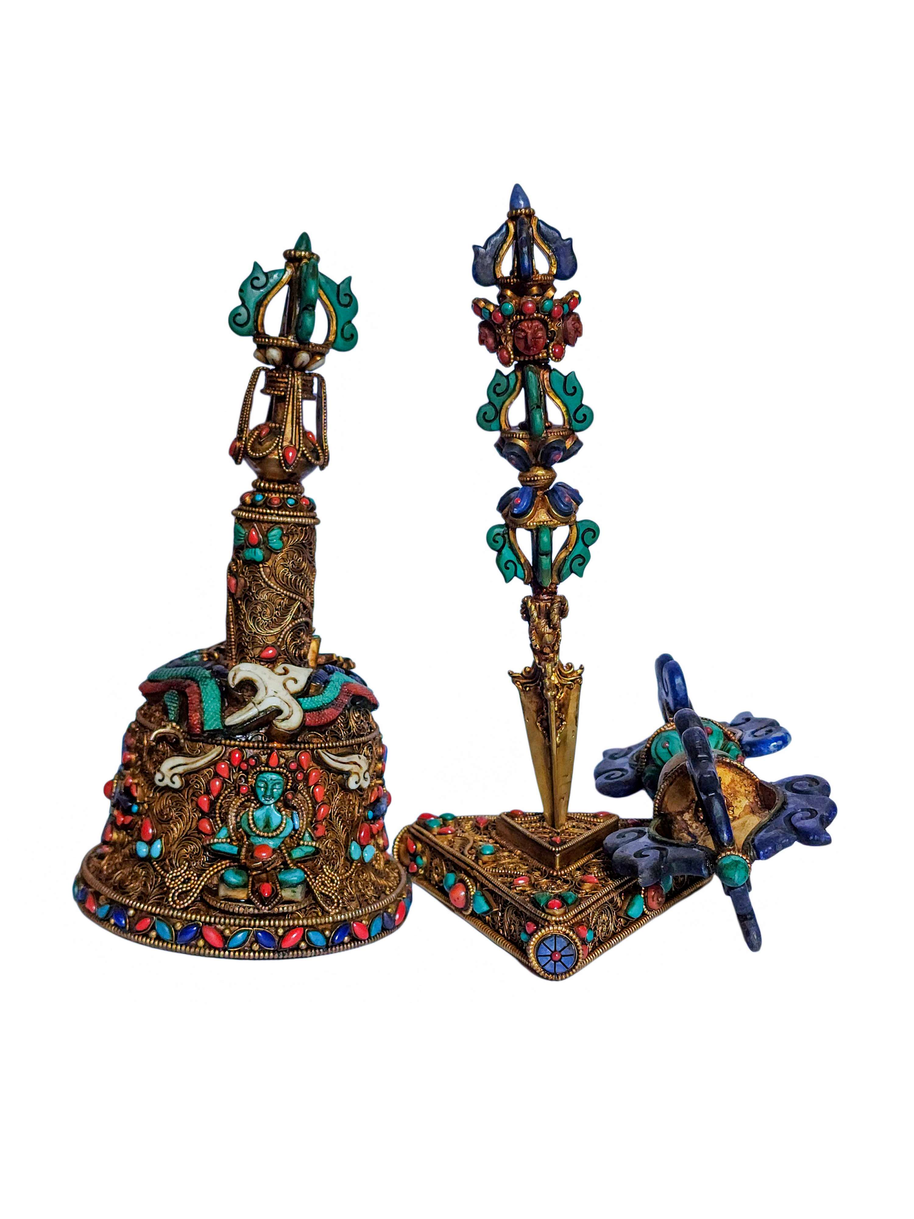 Bell, Dorje vajra And Phurba Set, Gold Plated, Siku Design, Stone Setting, High Quality
