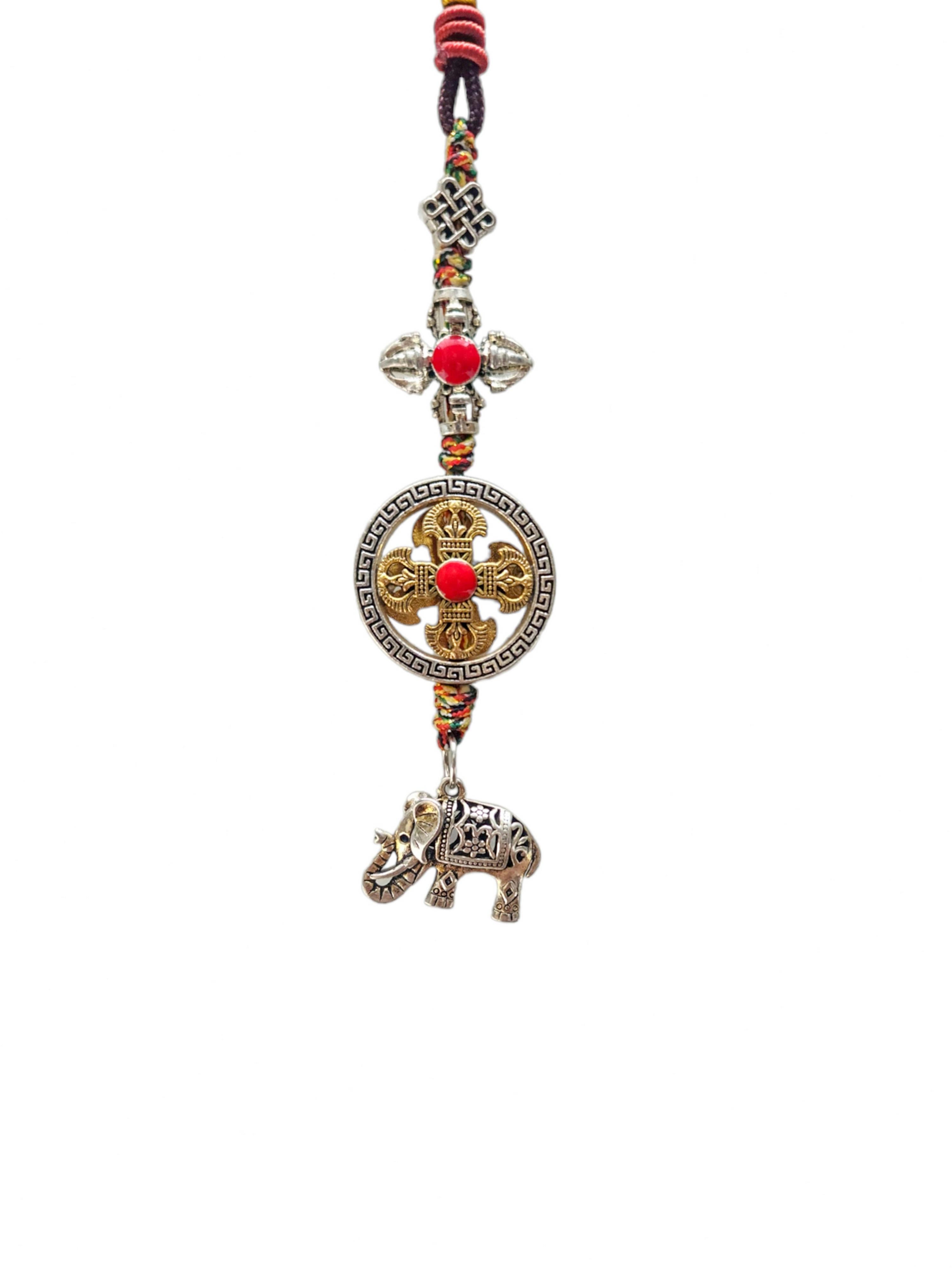 Buddhist Ritual Amulet Hanging With Double Dorje And Elephant, For Wall, Altar, Bags And Keyring