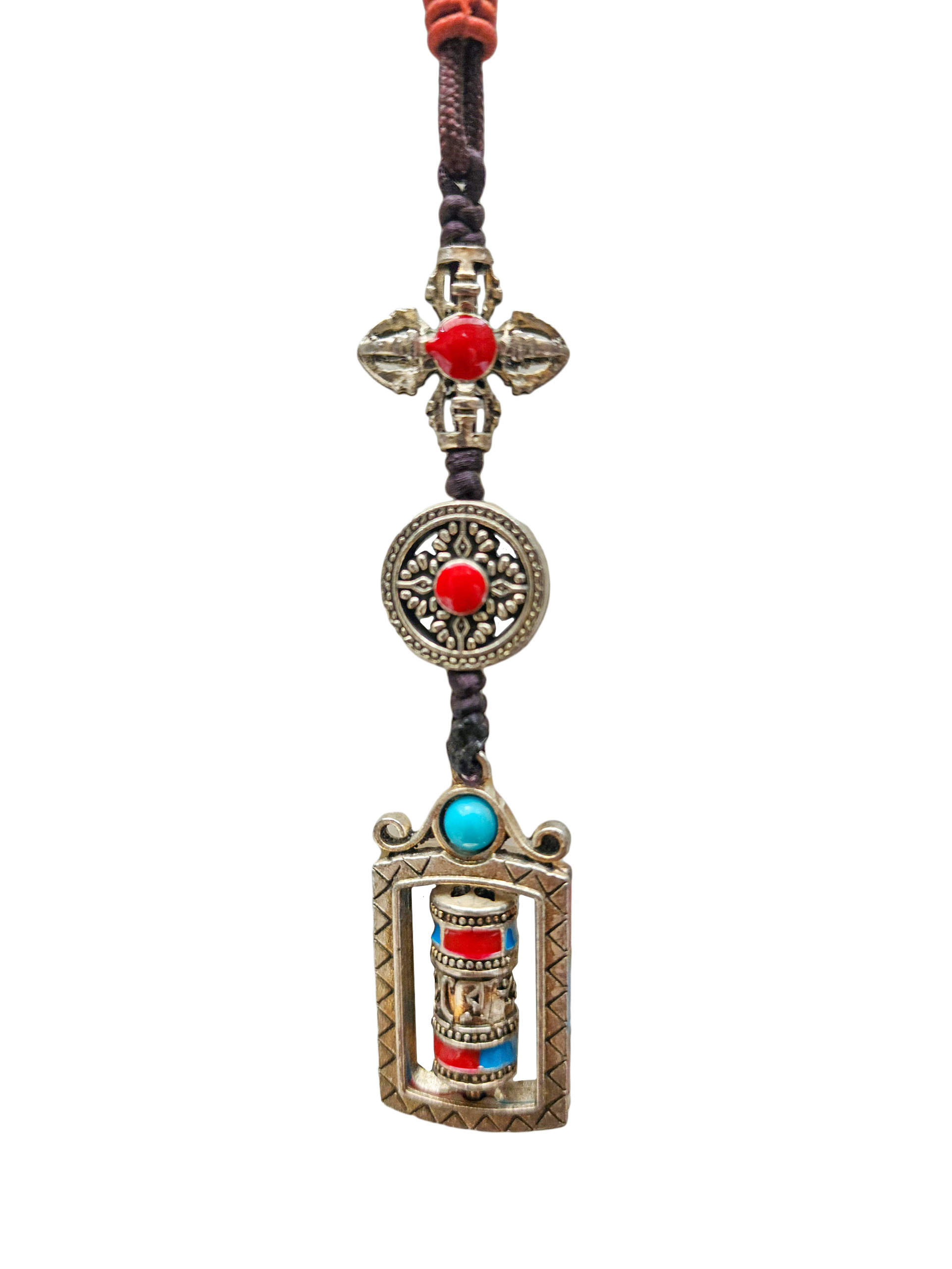 Buddhist Ritual Amulet Hanging With Double Dorje And Prayer Wheel, For Wall, Altar, Bags And Keyring