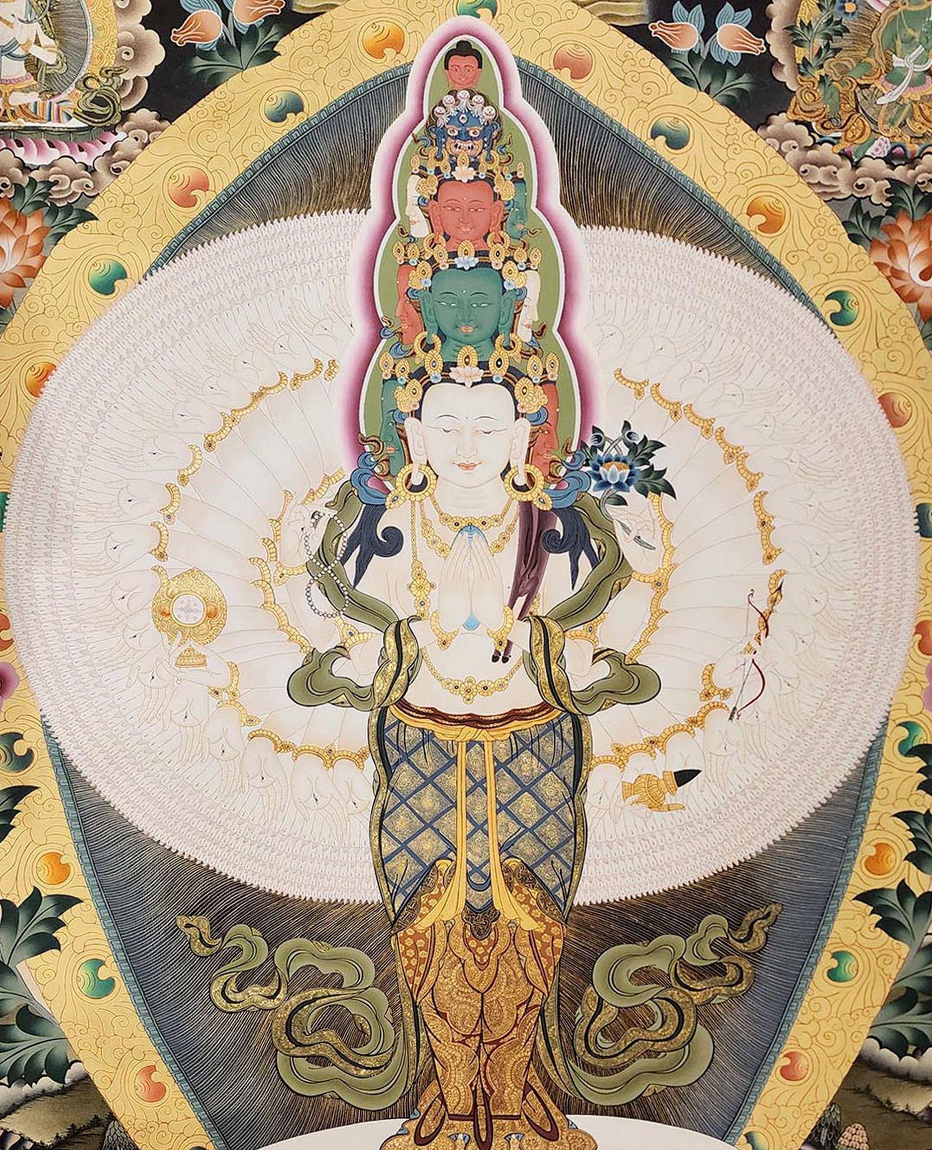 Sahasrabhuja Avalokitesvara Thangka, Tibetan Buddhist Art, Hand Painted, <span Style=