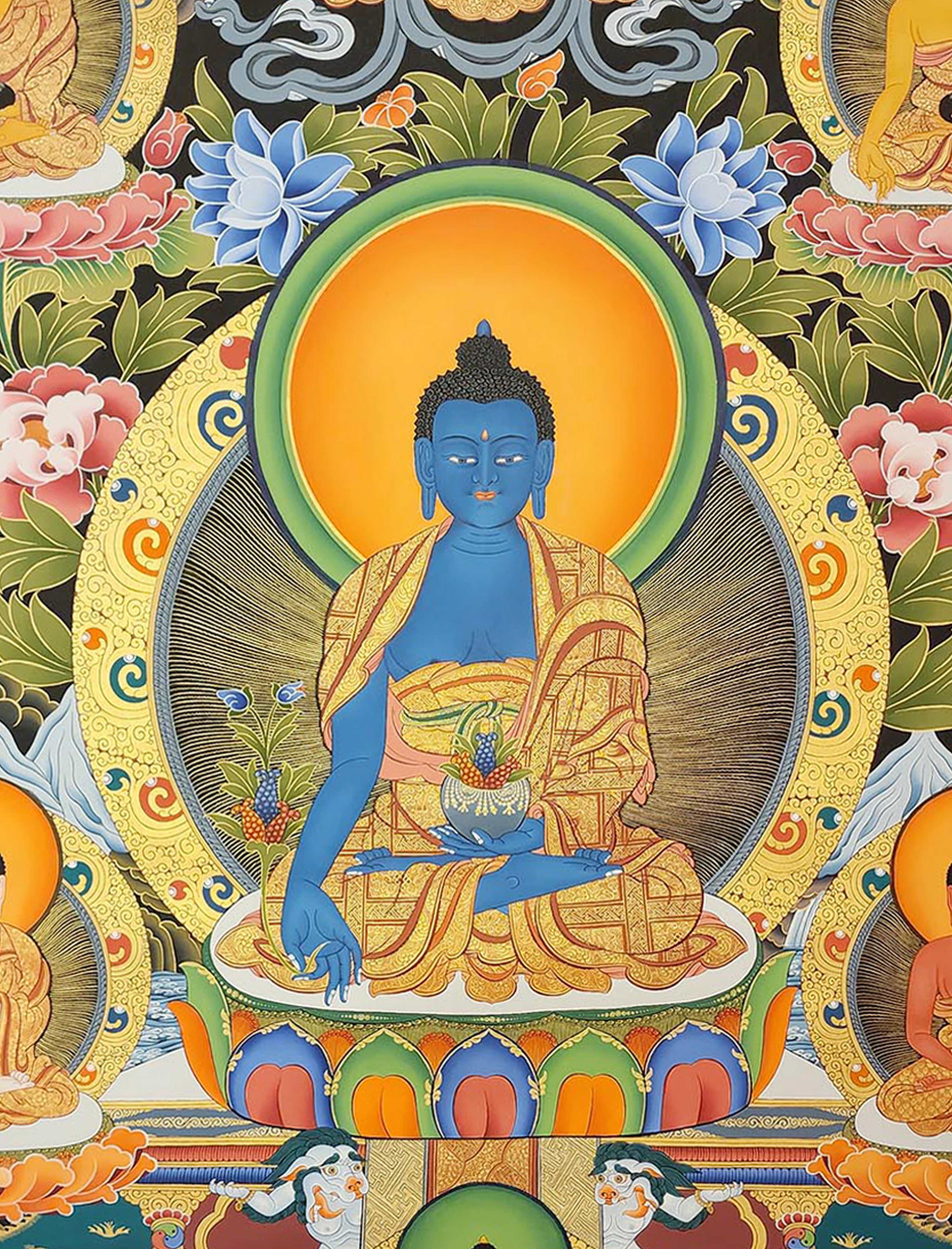 Medicine Buddha Thangka, Tibetan Buddhist Art, Hand Painted, <span Style=