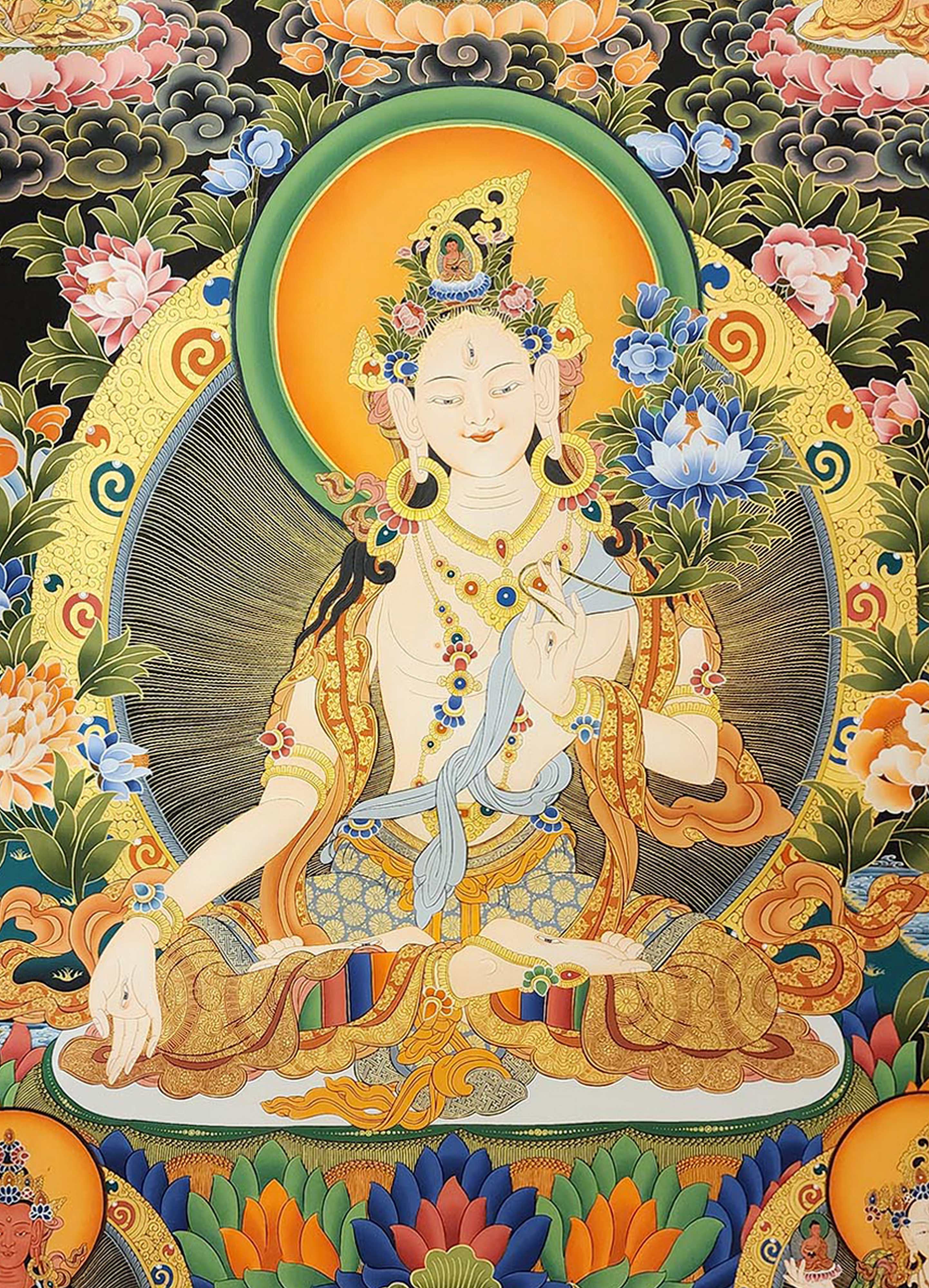 White Tara Thangka, Tibetan Buddhist Art, Hand Painted, <span Style=