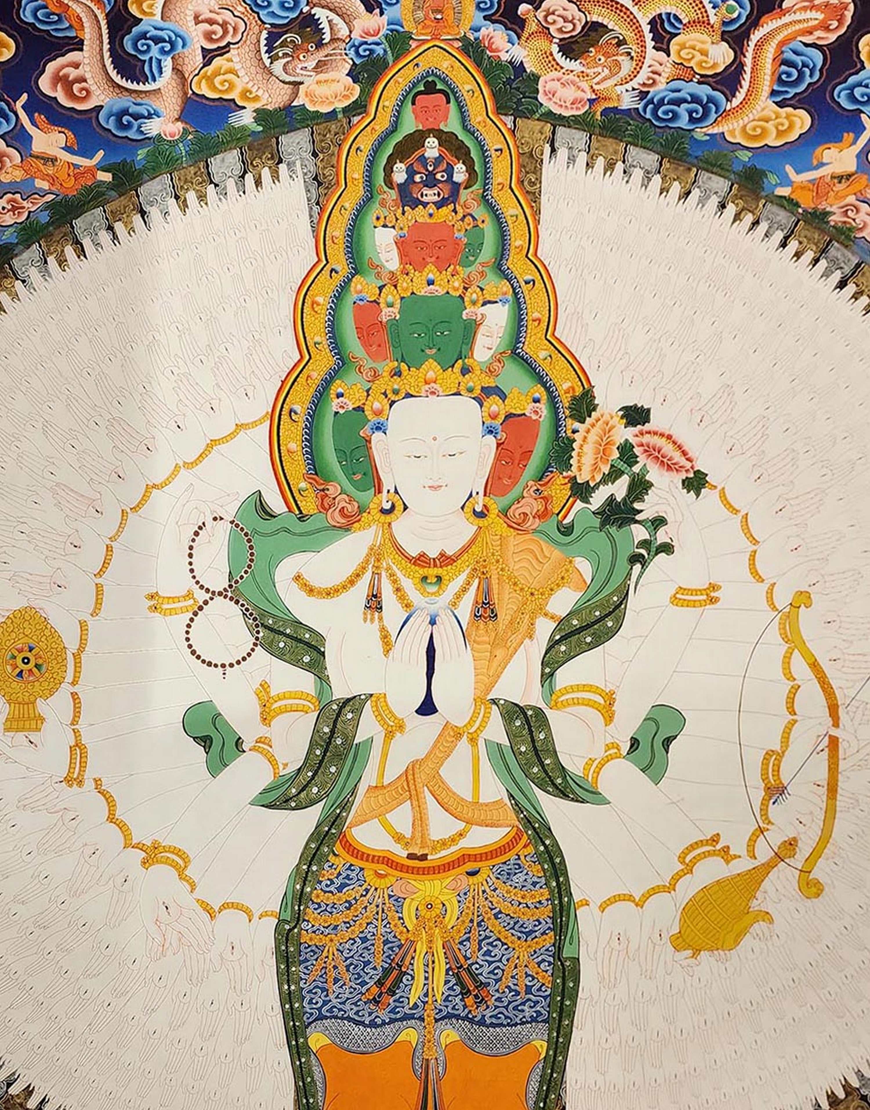 Sahasrabhuja Avalokitesvara Thangka Real Gold, Tibetan Buddhist Art, Hand Painted, <span Style=