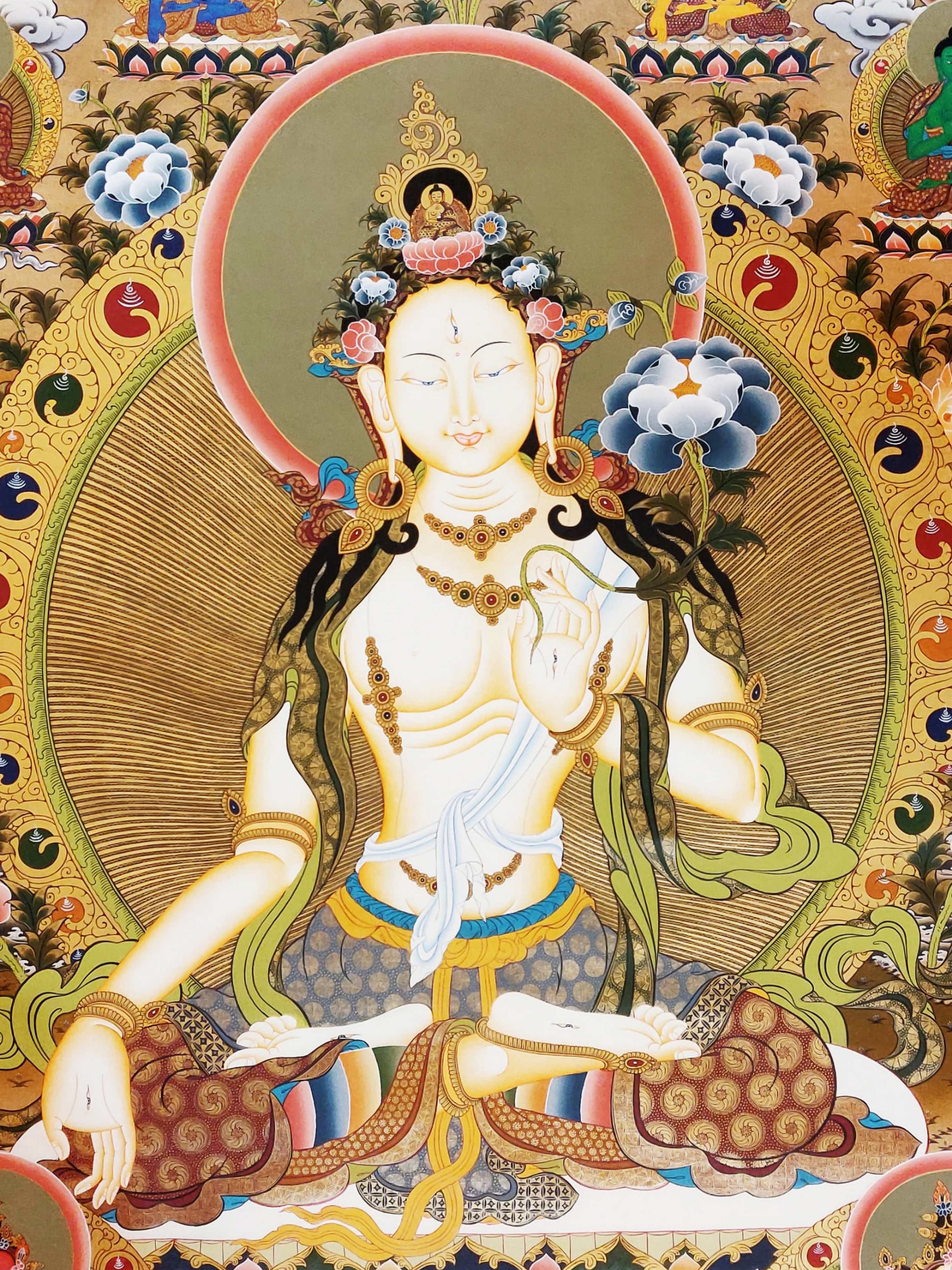 White Tara Thangka, Tibetan Buddhist Art, Hand Painted, <span Style=