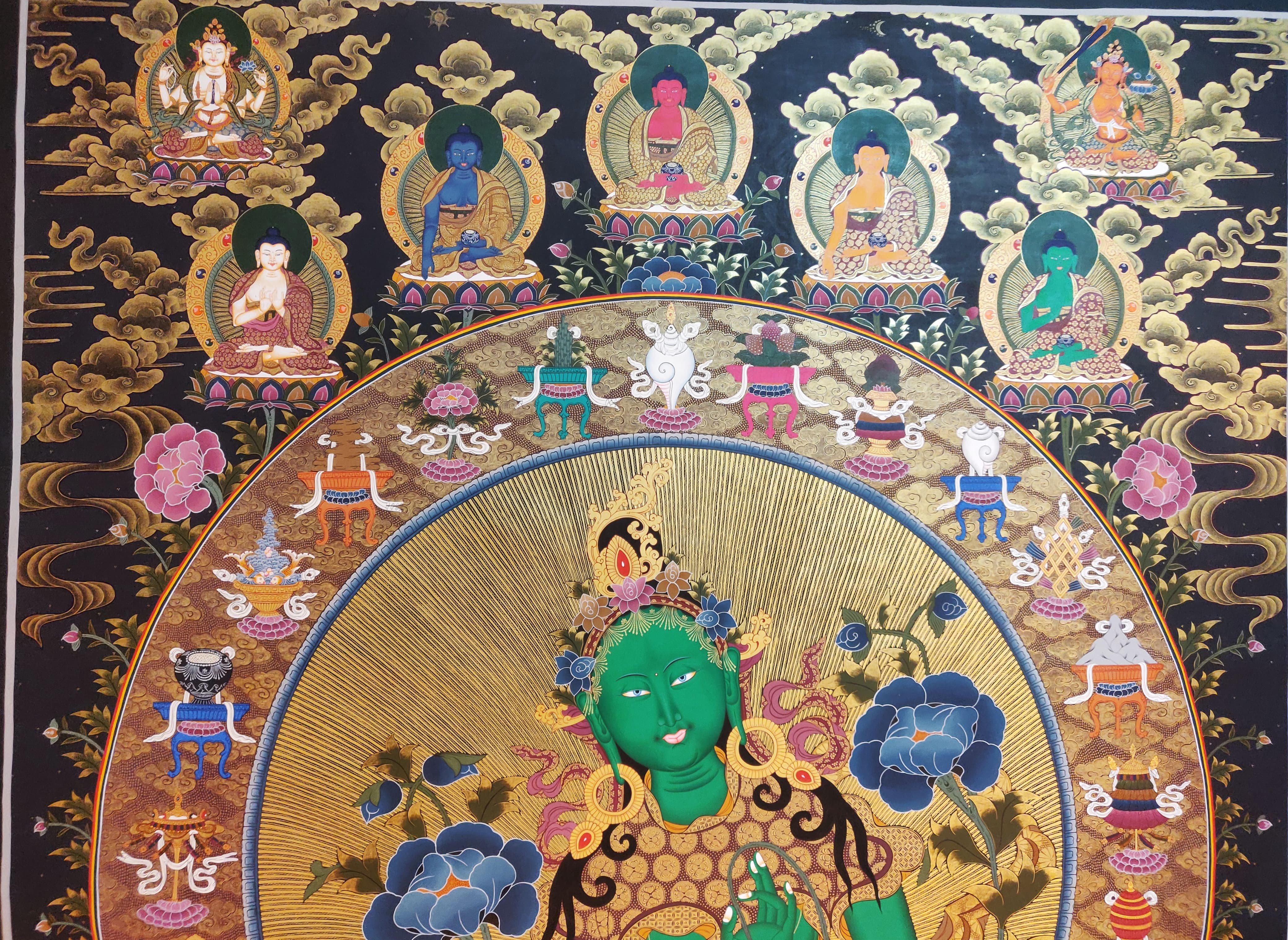 Green Tara Thanka, Realgold, Tibetan Buddhist Art, Hand Painted, <span Style=