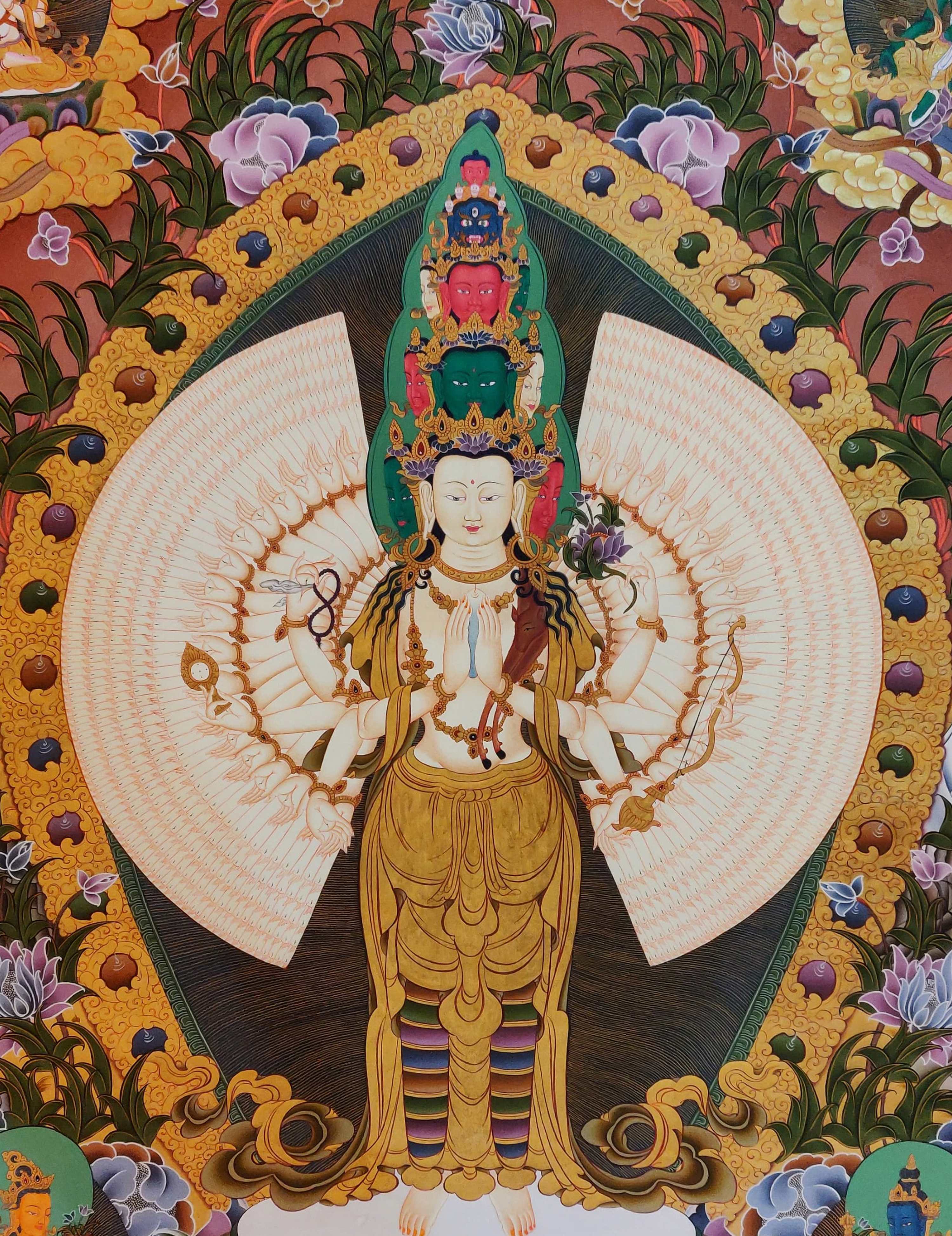 Sahasrabhuja Avalokitesvara Thanka, Tibetan Buddhist Art, Hand Painted, <span Style=