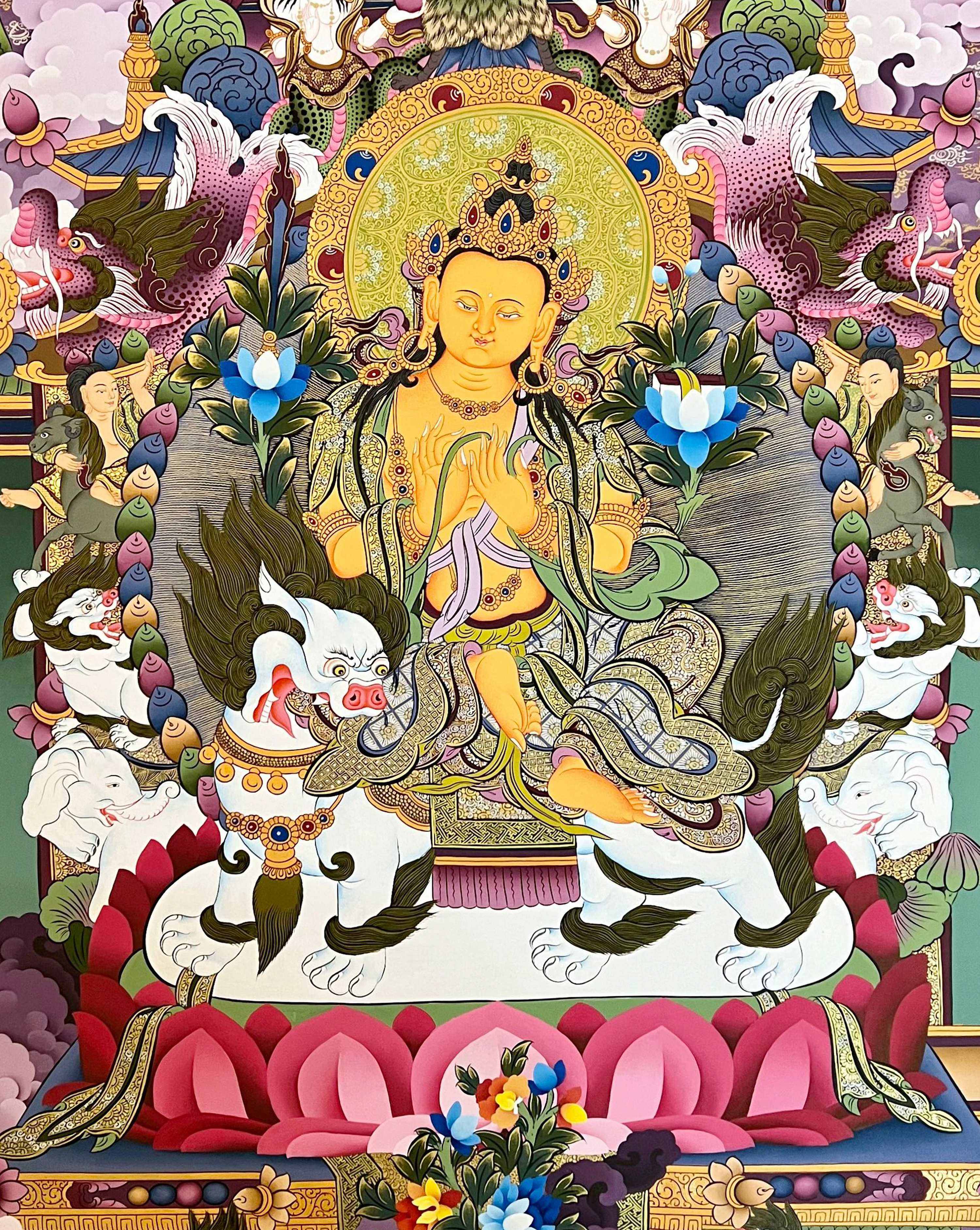 Lion Five Dhyani Manjushri Thangka, Tibetan Buddhist Art, Hand Painted, <span Style=