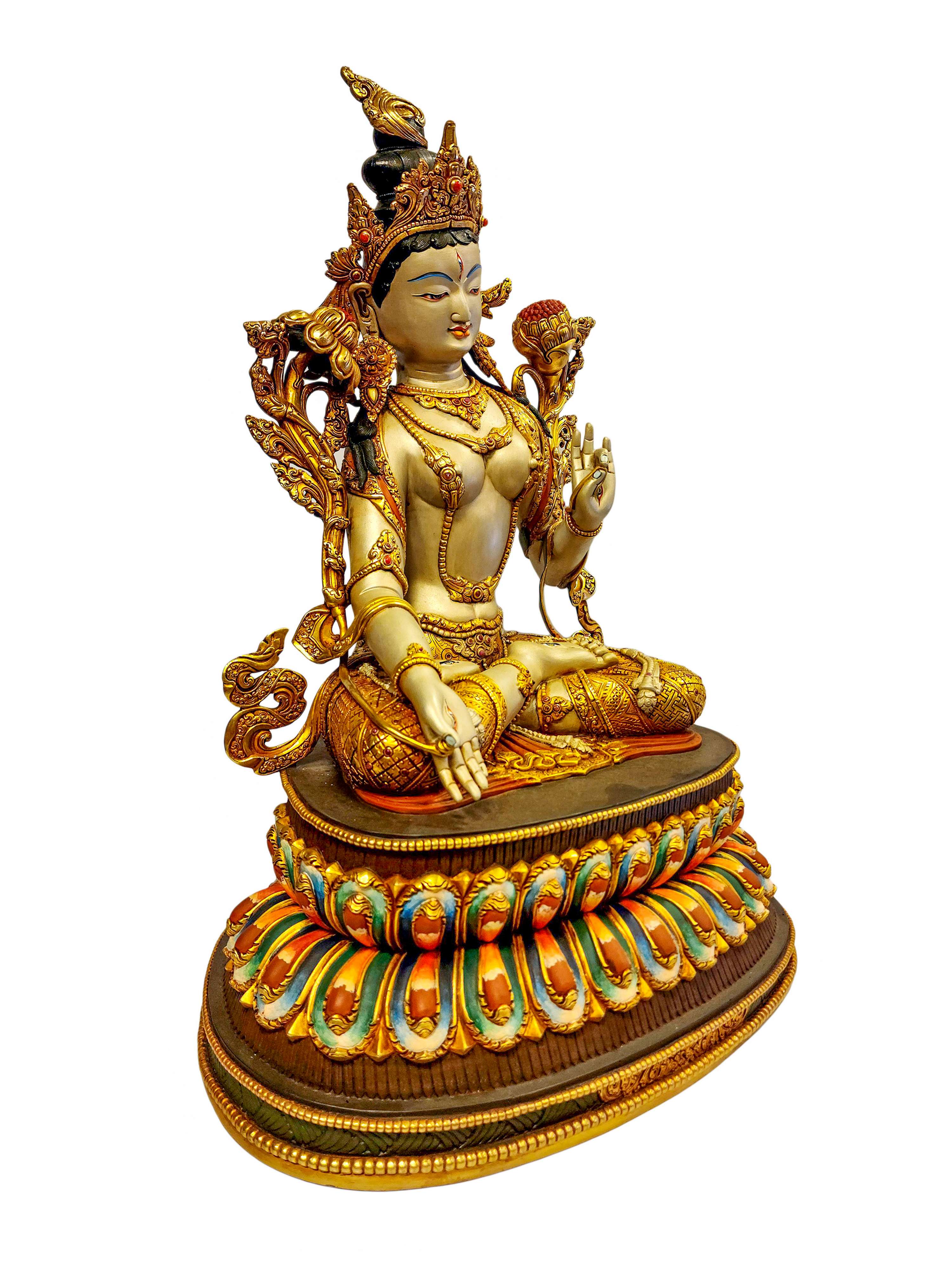 white Tara, Buddhist Handmade Statue, partly Gold Plated With face Painted, master Quality