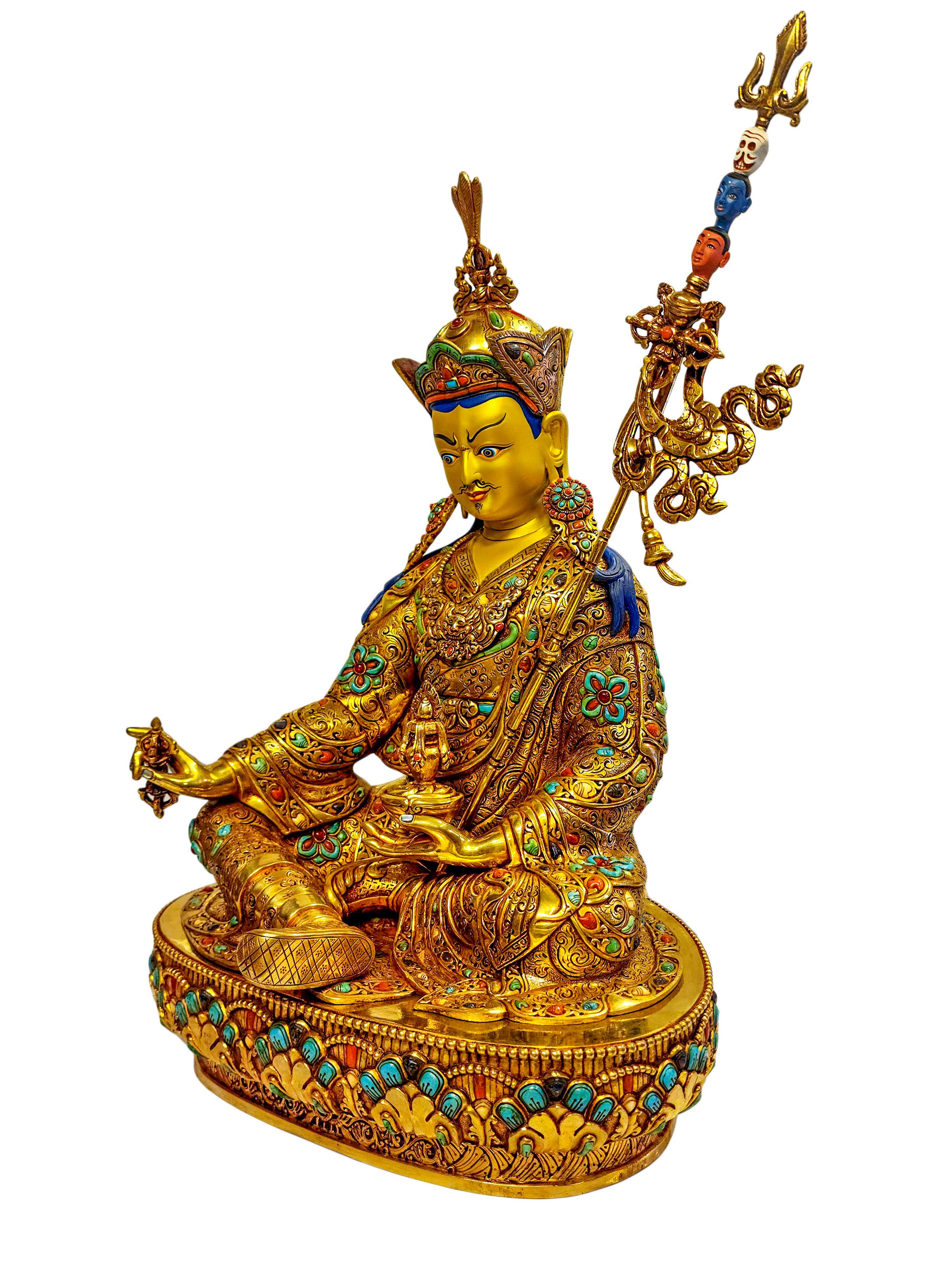 padmasambhava, Buddhist Handmade Statue, gold Plated, stone Setting With face Painted, master Quality