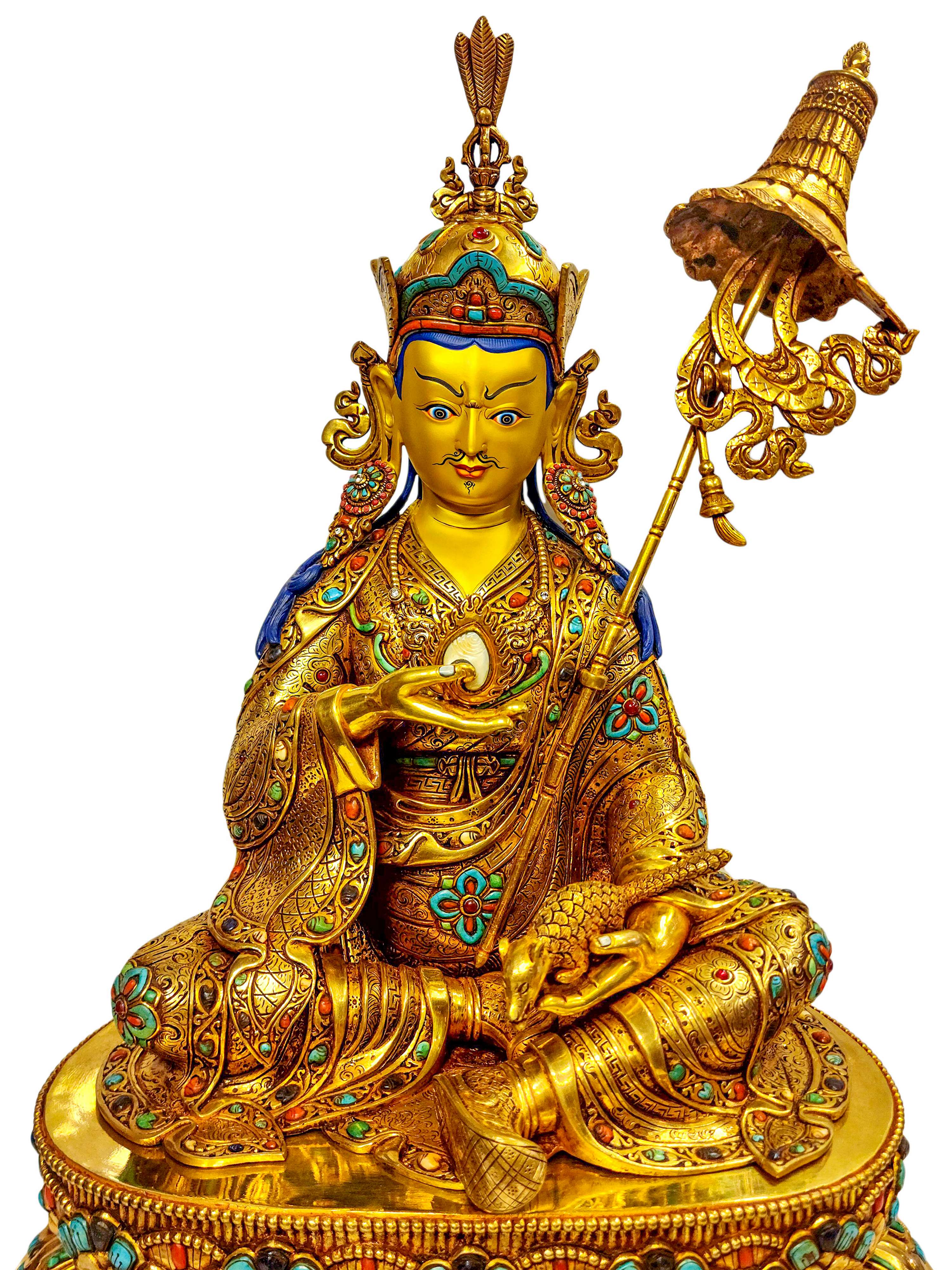 padmasambhava, Buddhist Handmade Statue With Double Base, gold Plated, stone Setting With face Painted, master Quality