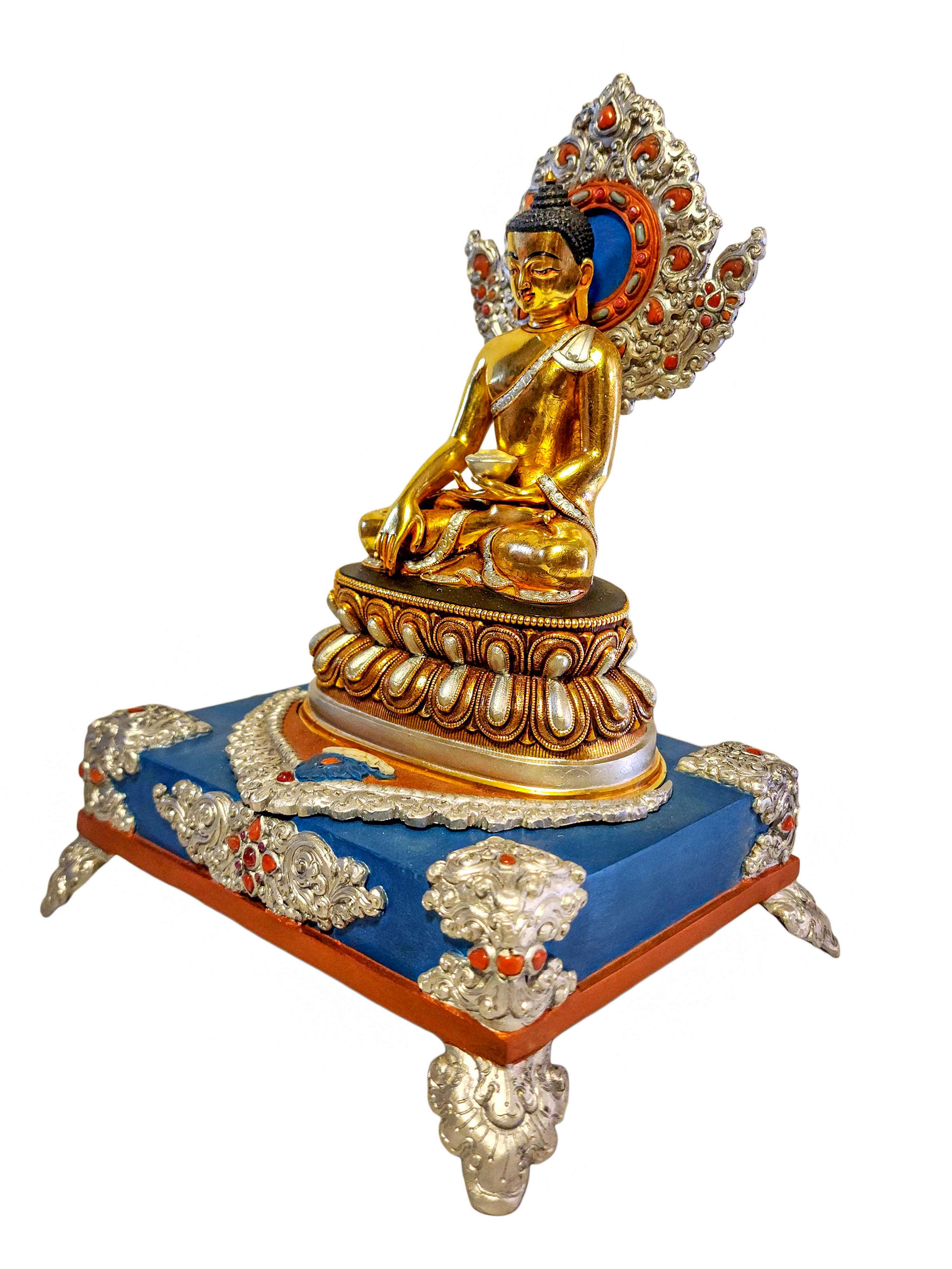 shakyamuni Buddha, Buddhist Handmade Statue In Throne, silver Plated, stone Setting And gold Painted, master Quality