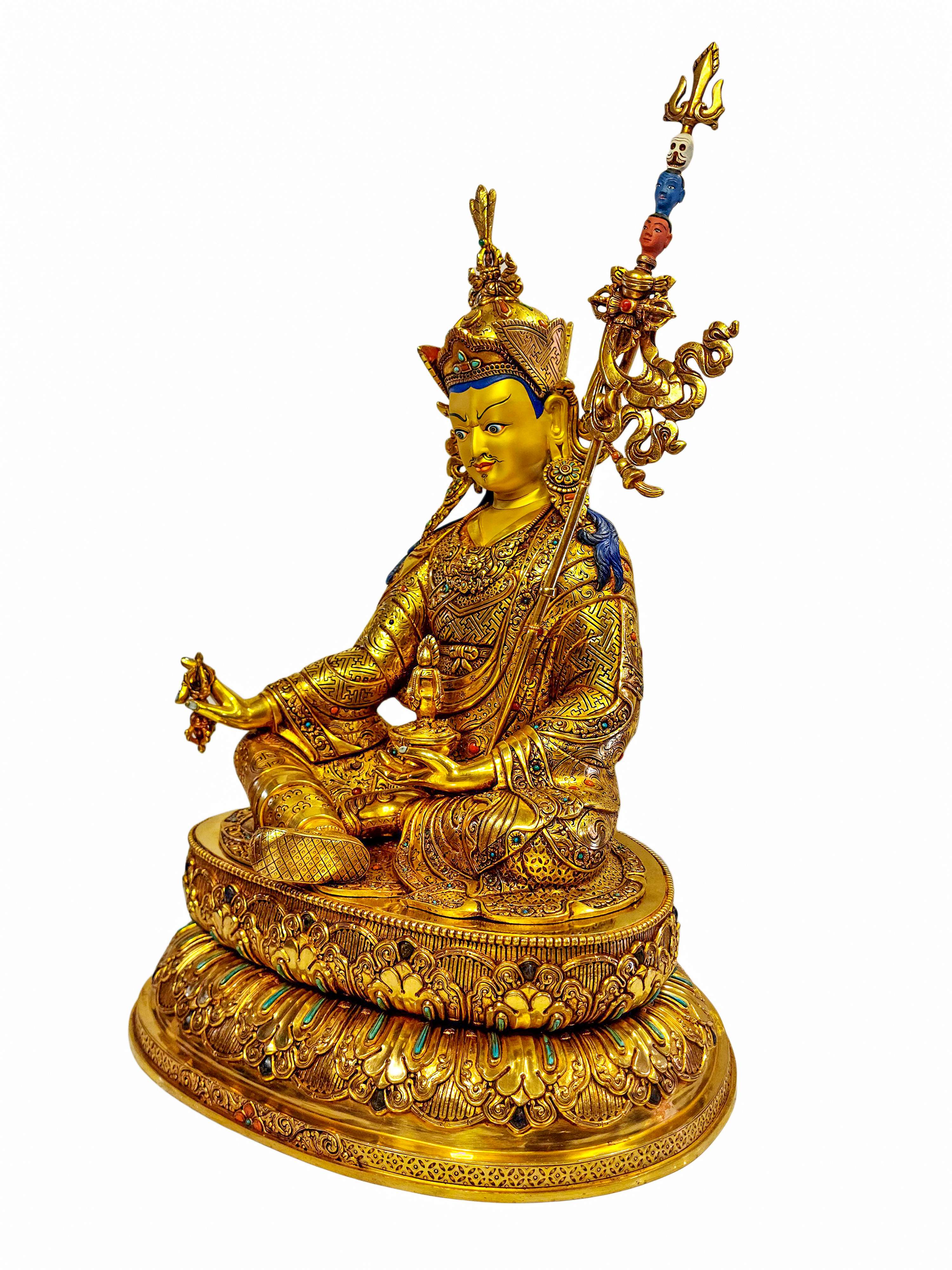 padmasambhava, Buddhist Handmade Statue With Double Base, gold Plated, stone Setting With face Painted, master Quality