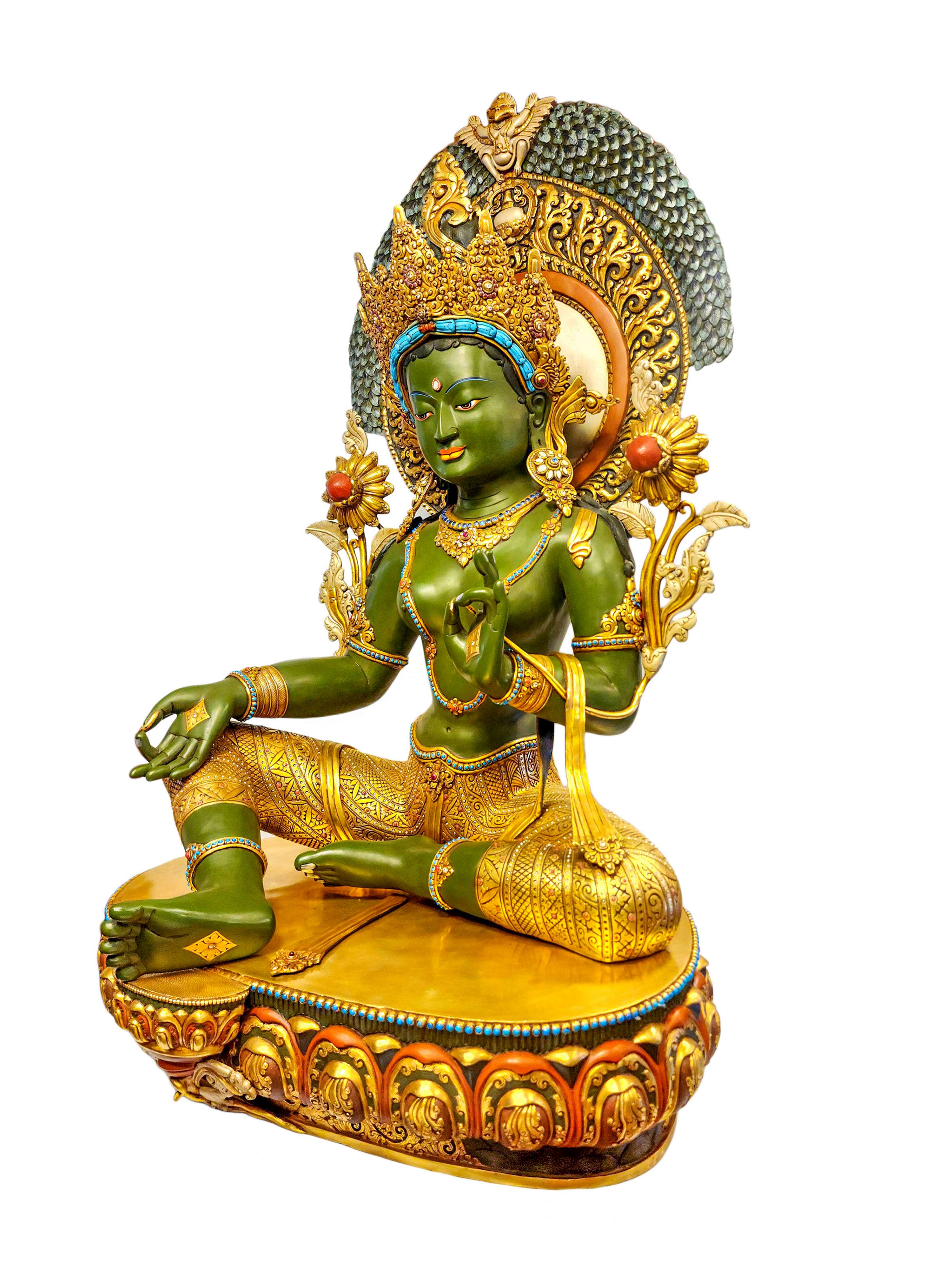 green Tara, Buddhist Handmade Statue, partly Gold Plated And stone Setting With Traditional Color Finishing, master Quality