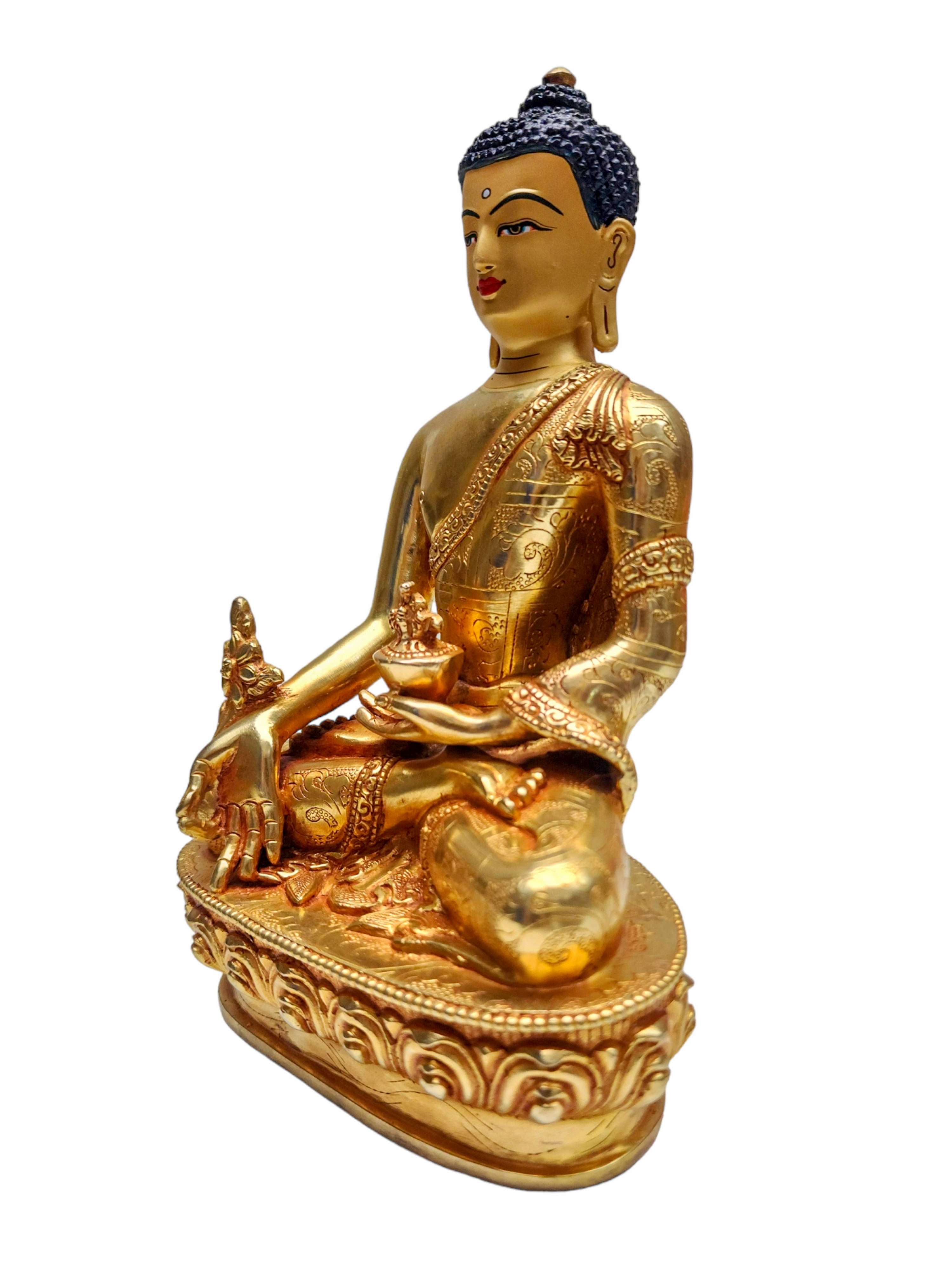 medicine Buddha, Buddhist Handmade Statue, gold Plated With face Painted