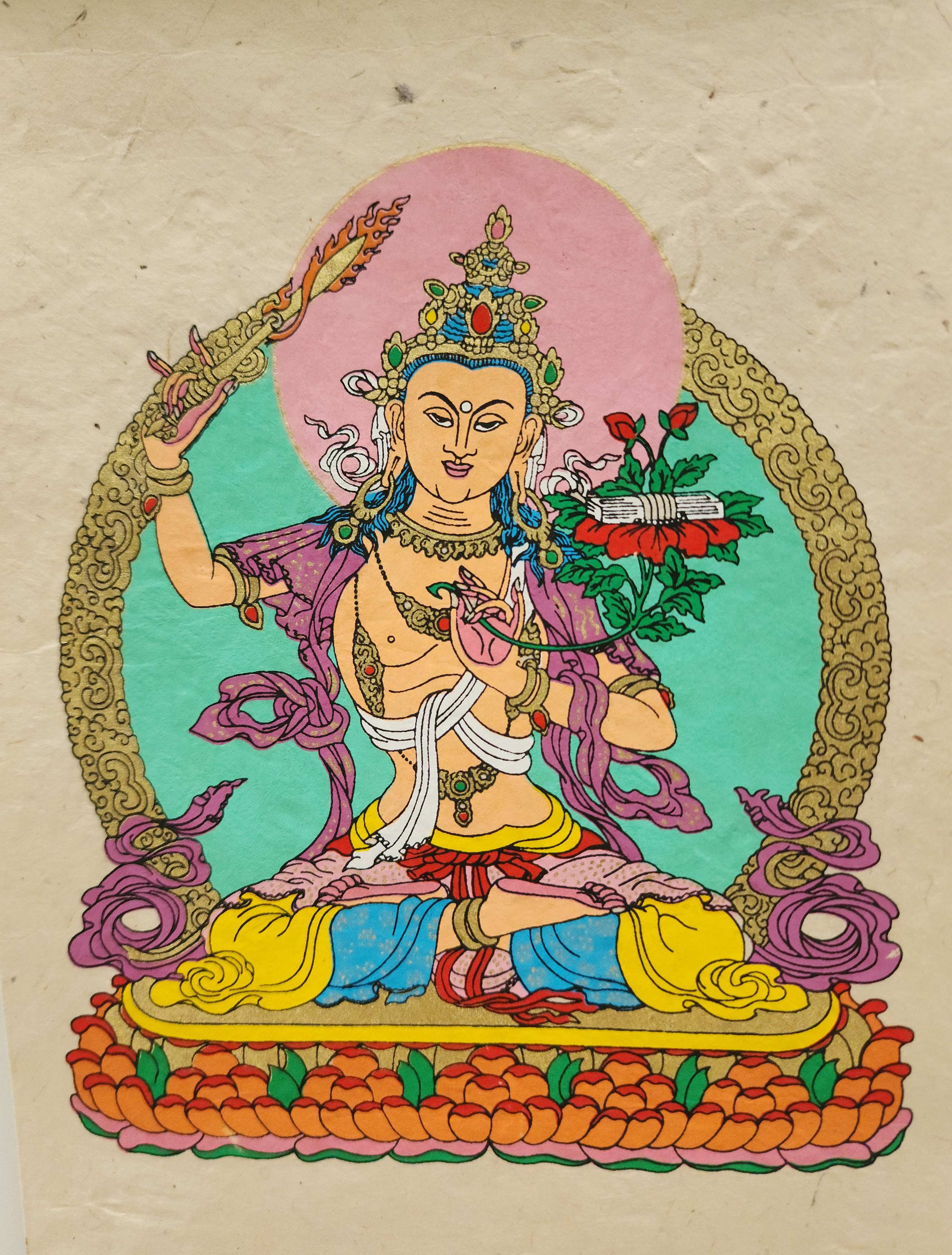 Manjushri, Buddhist Scroll, Made In Lokta Paper, screen Printed, And Hand-painted