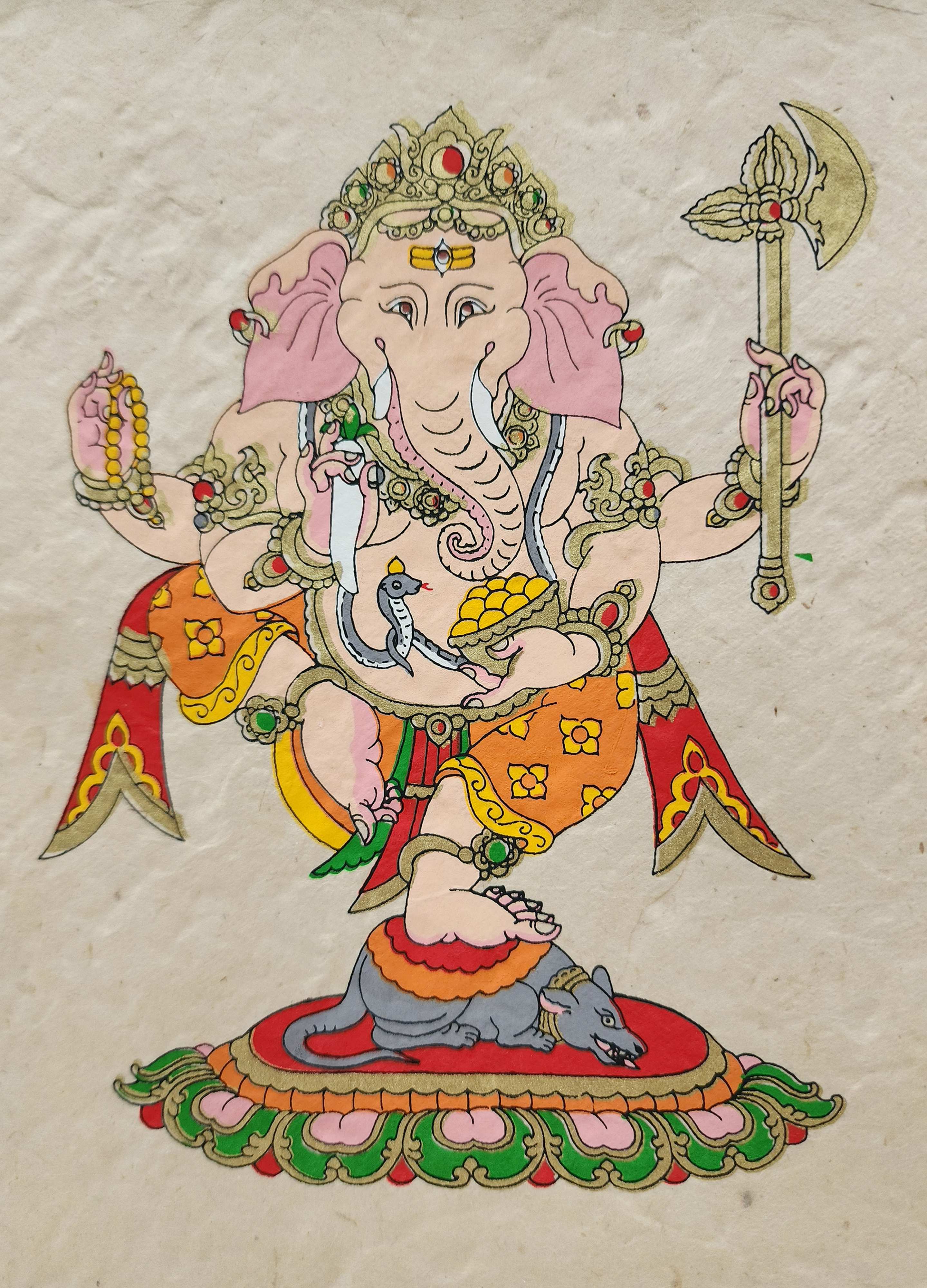 Ganesh, Buddhist Scroll, Made In Lokta Paper, screen Printed, And Hand-painted