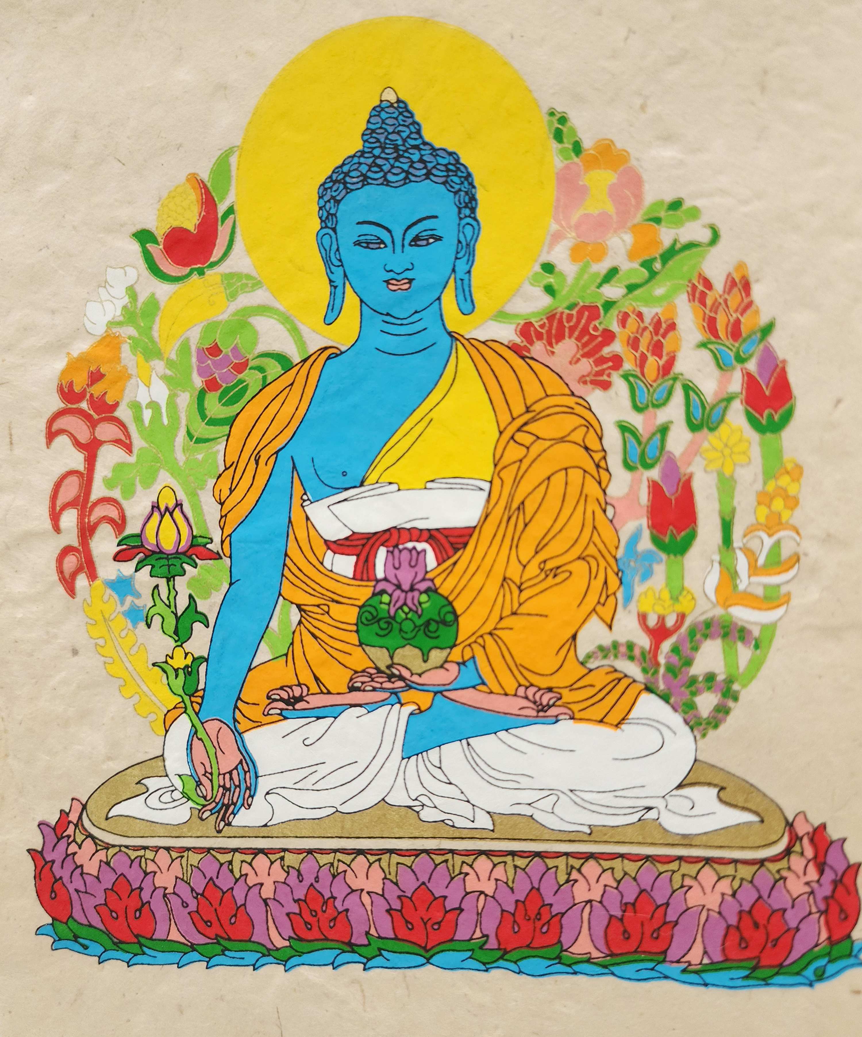 Medicine Buddha, Buddhist Scroll, Made In Lokta Paper, screen Printed, And Hand-painted