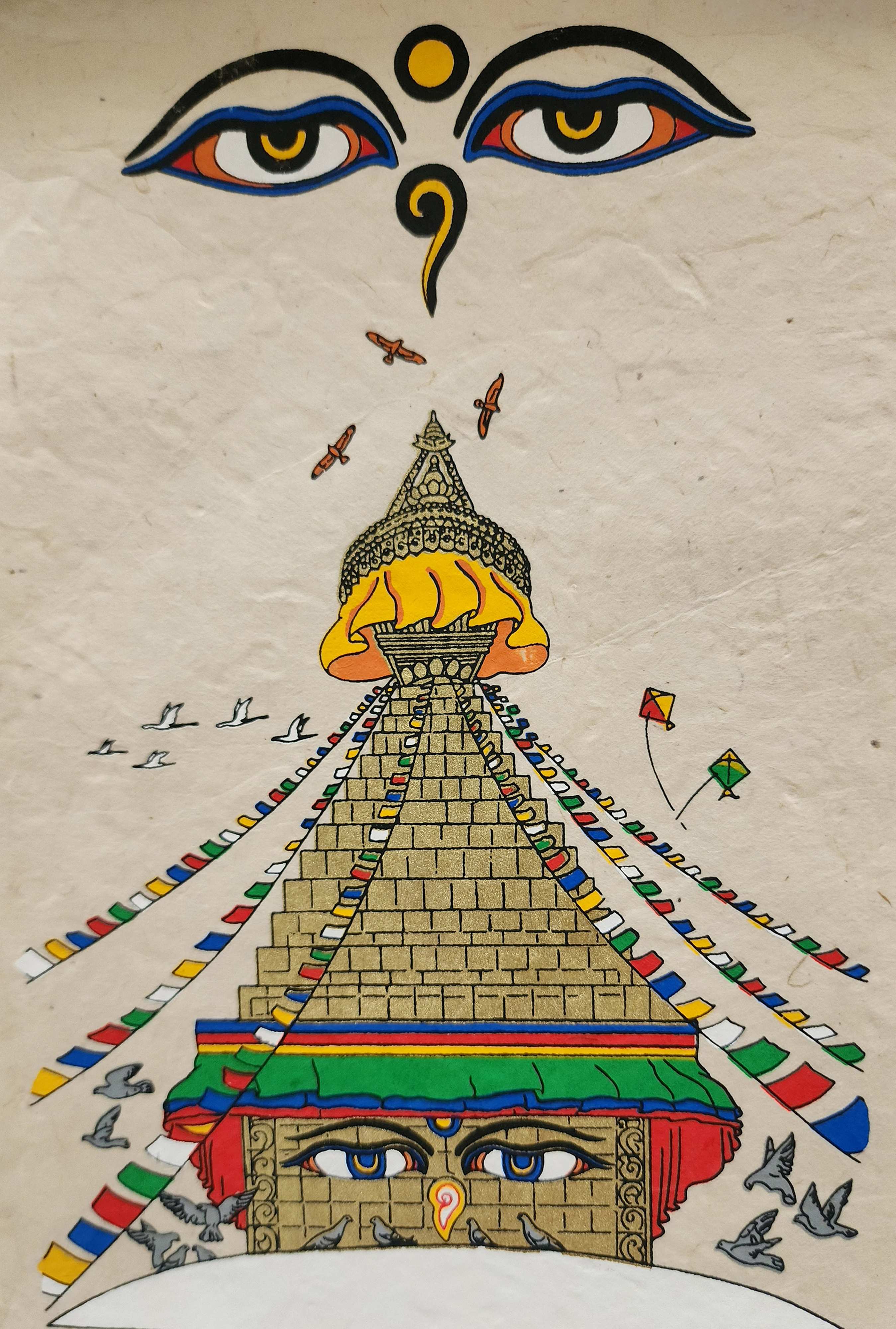 Boudhanath Stupa, Buddhist Scroll, Made In Lokta Paper, screen Printed, And Hand-painted