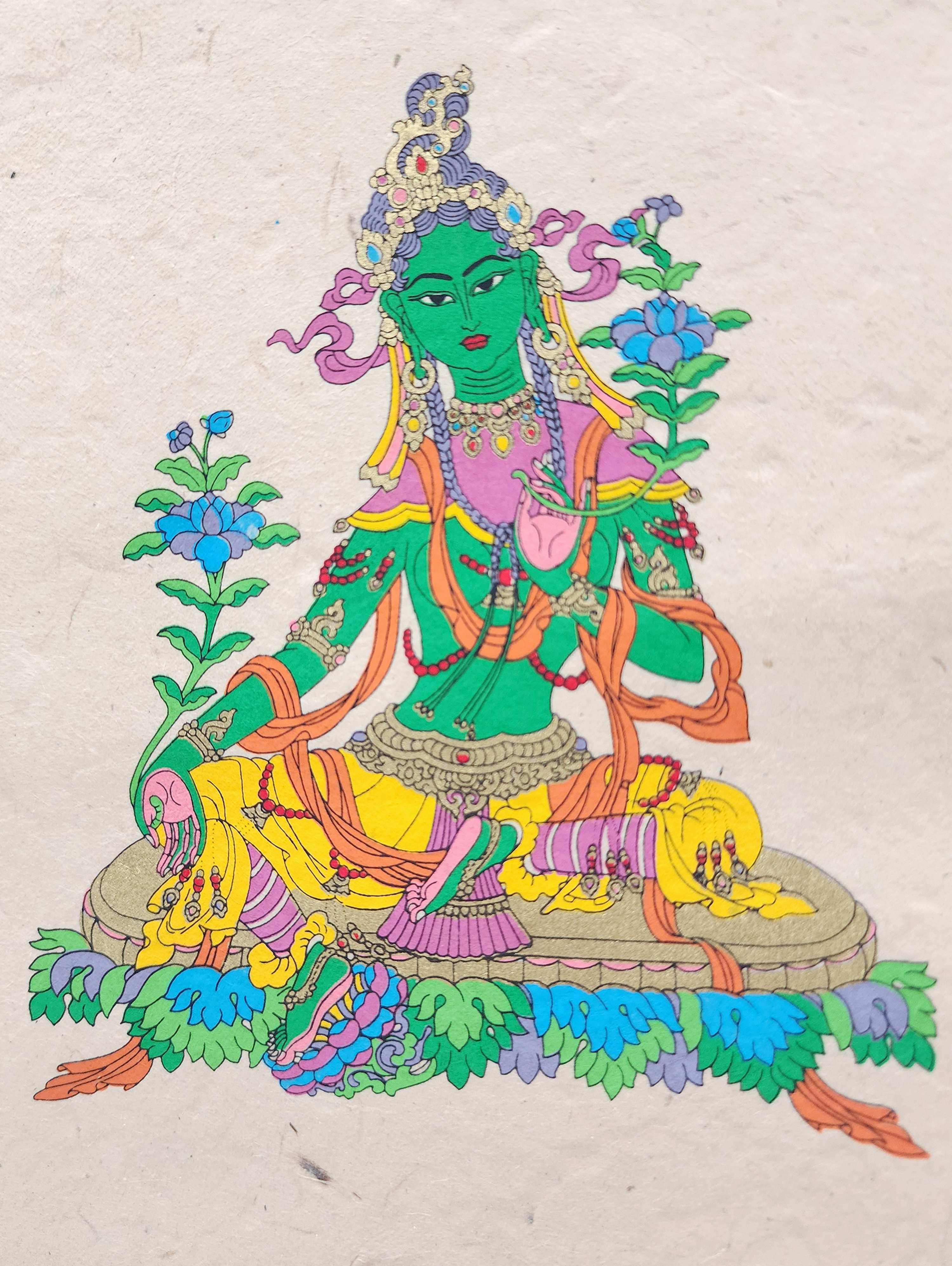 Green Tara, Buddhist Scroll, Made In Lokta Paper, screen Printed, And Hand-painted