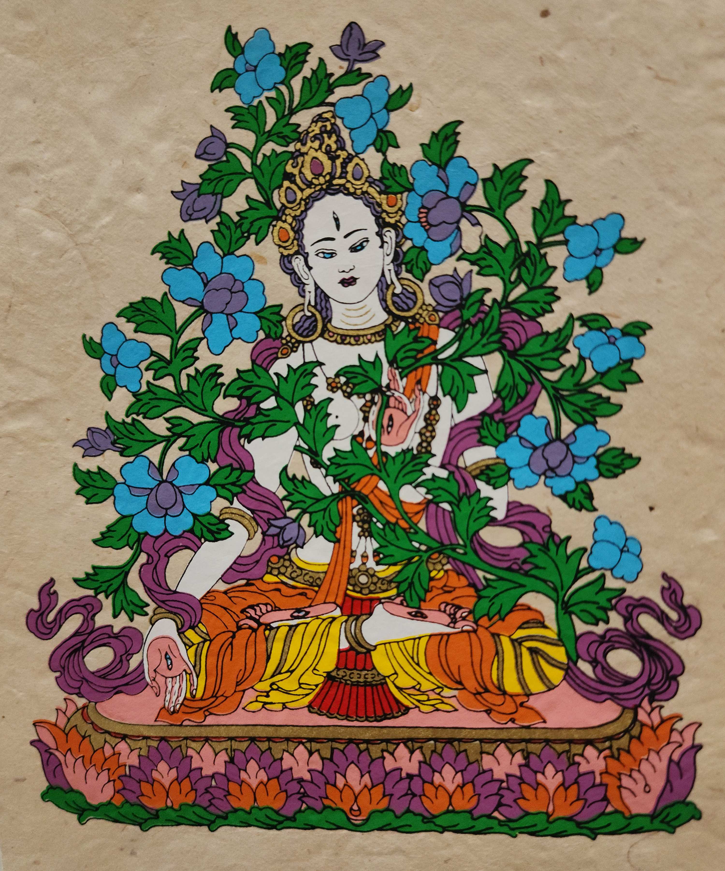 White Tara, Buddhist Scroll, Made In Lokta Paper, screen Printed, And Hand-painted