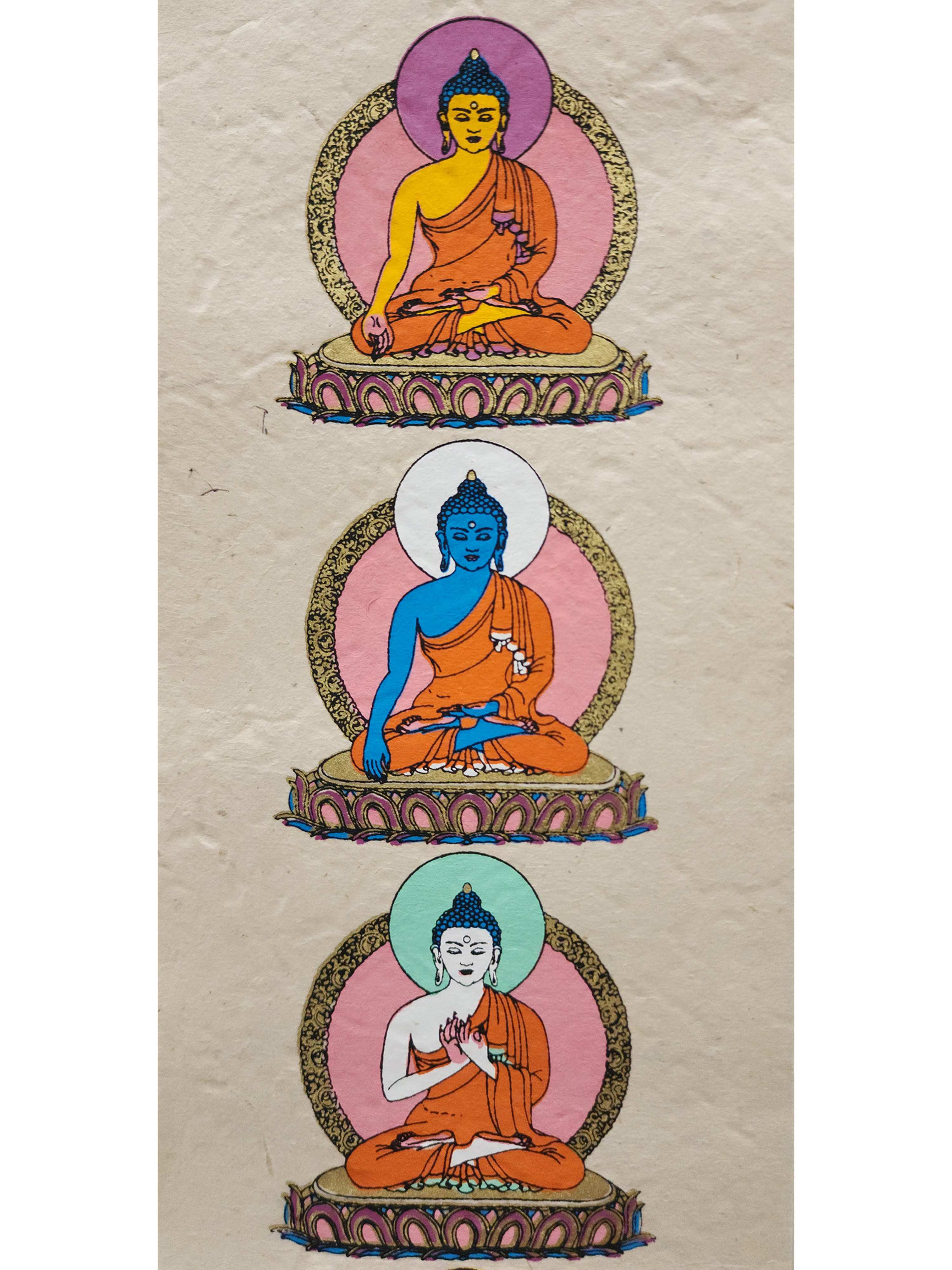 Pancha Buddha, Buddhist Scroll, Made In Lokta Paper, screen Printed, And Hand-painted