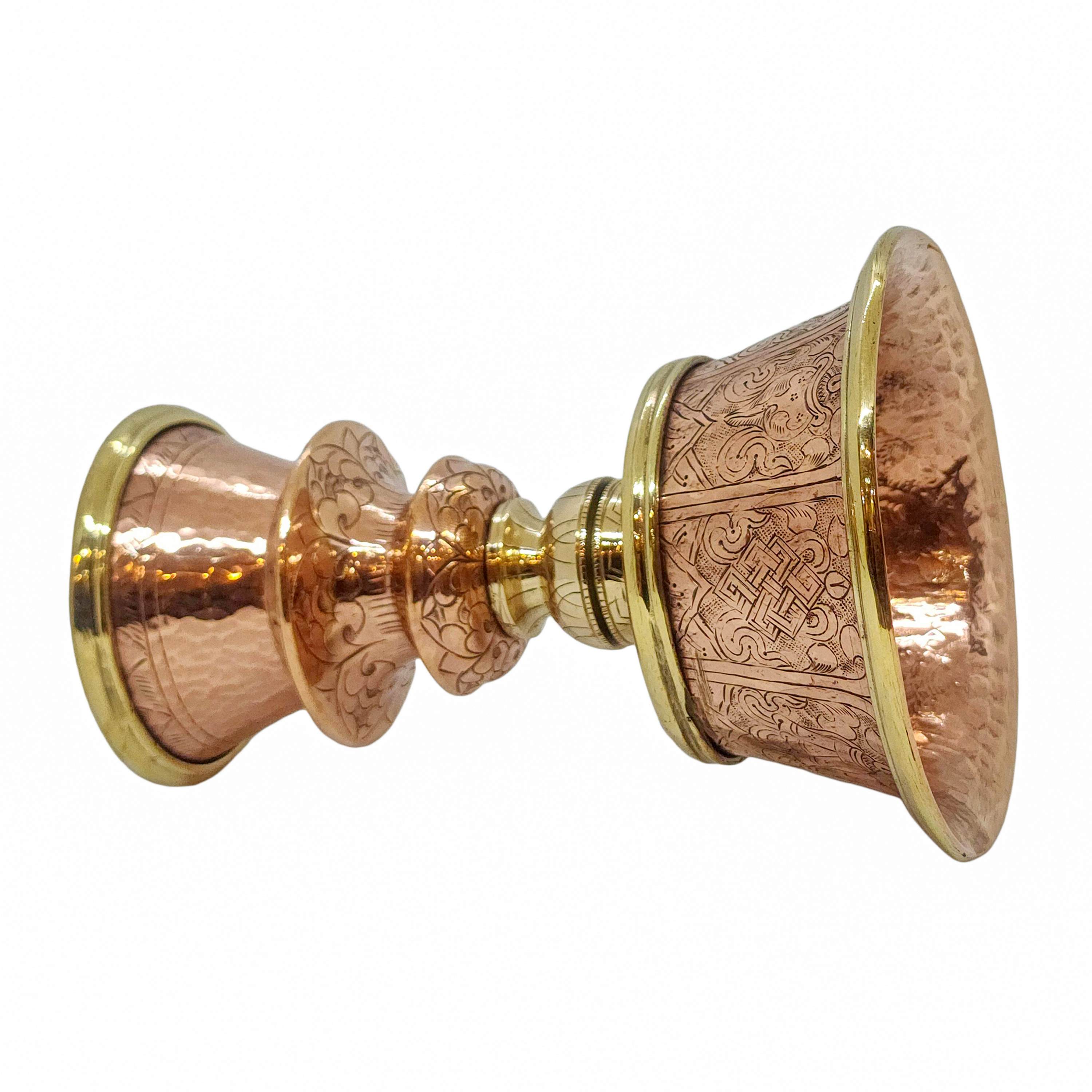 Copper Butter Lamp, Buddhist Ritual Items, With Ashtamangala Carving