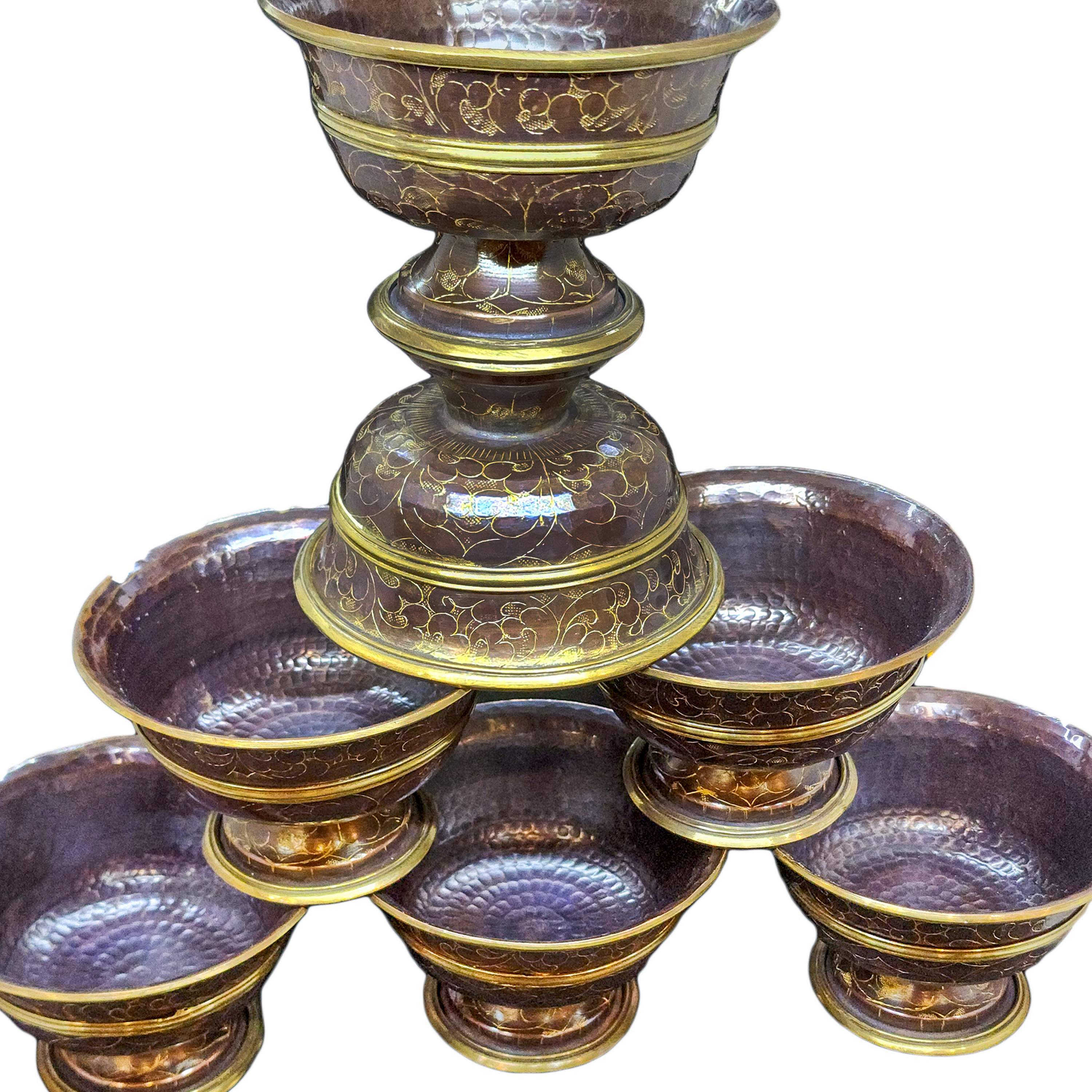 Copper Offering Bowl With Stand And Hand Carving 7 Pcs Set