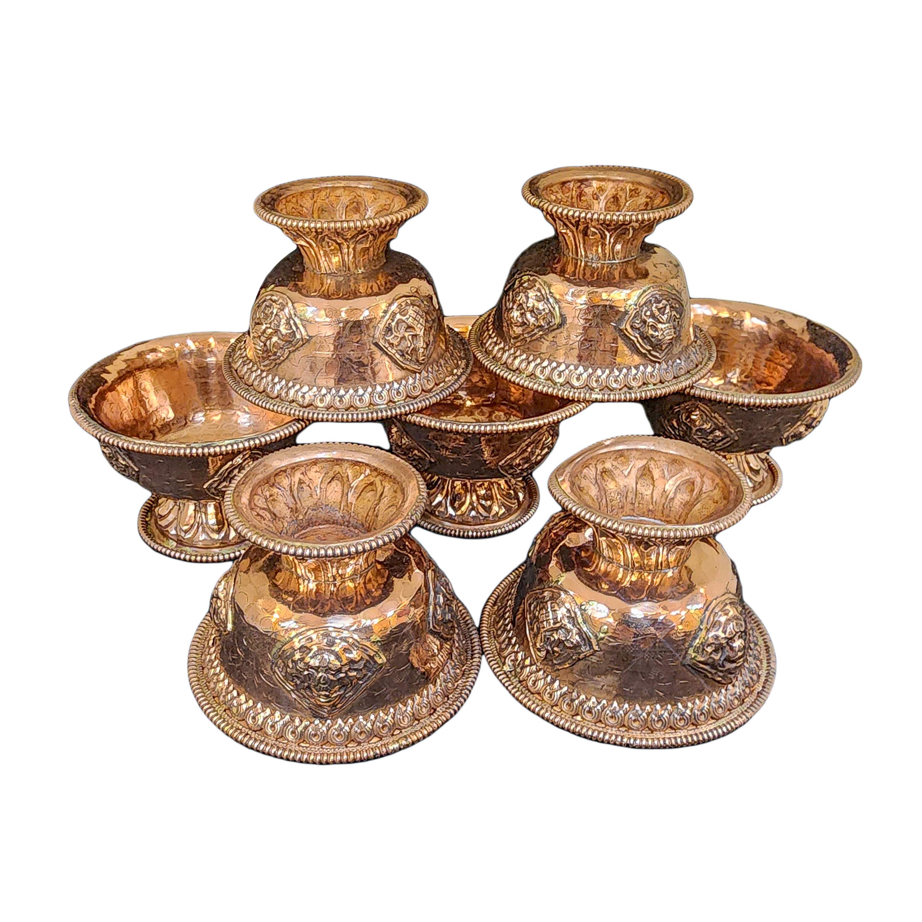 Copper Offering Bowl With Stand And Hand Carving 7 Pcs Set