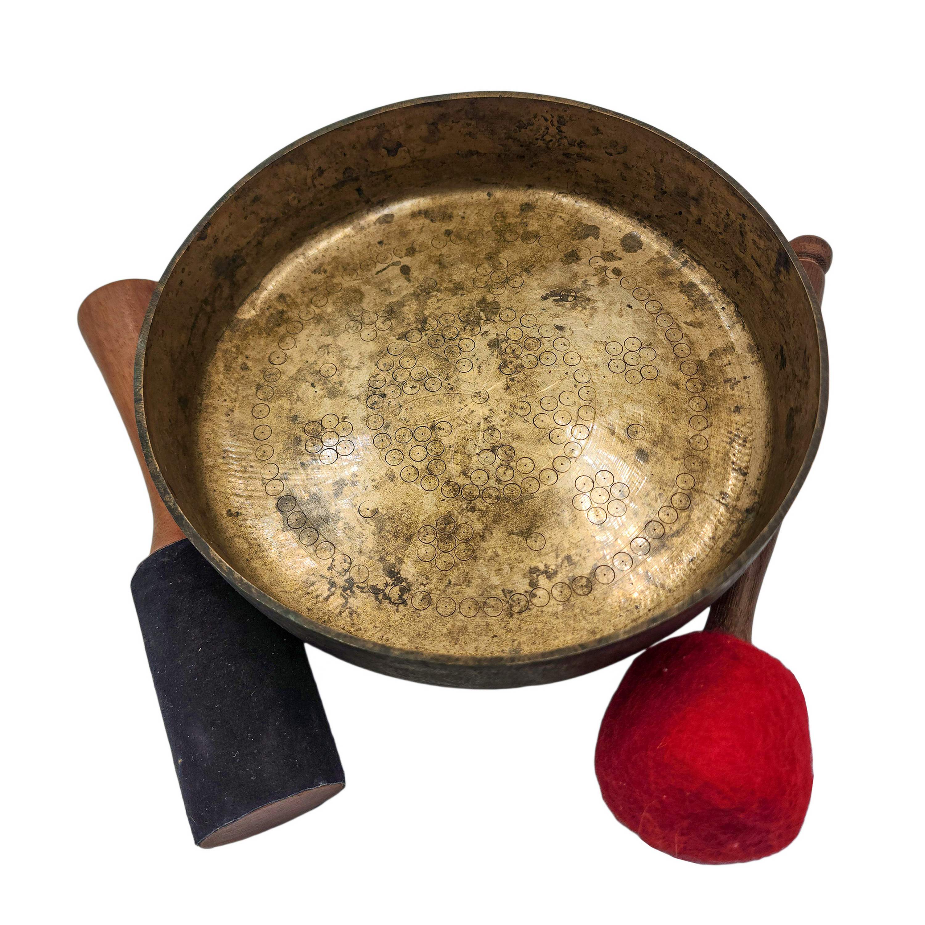Manipuri Singing Bowl With Flower Of Life Inside The Bowl, Buddhist Hand Beaten, Antique Finishing