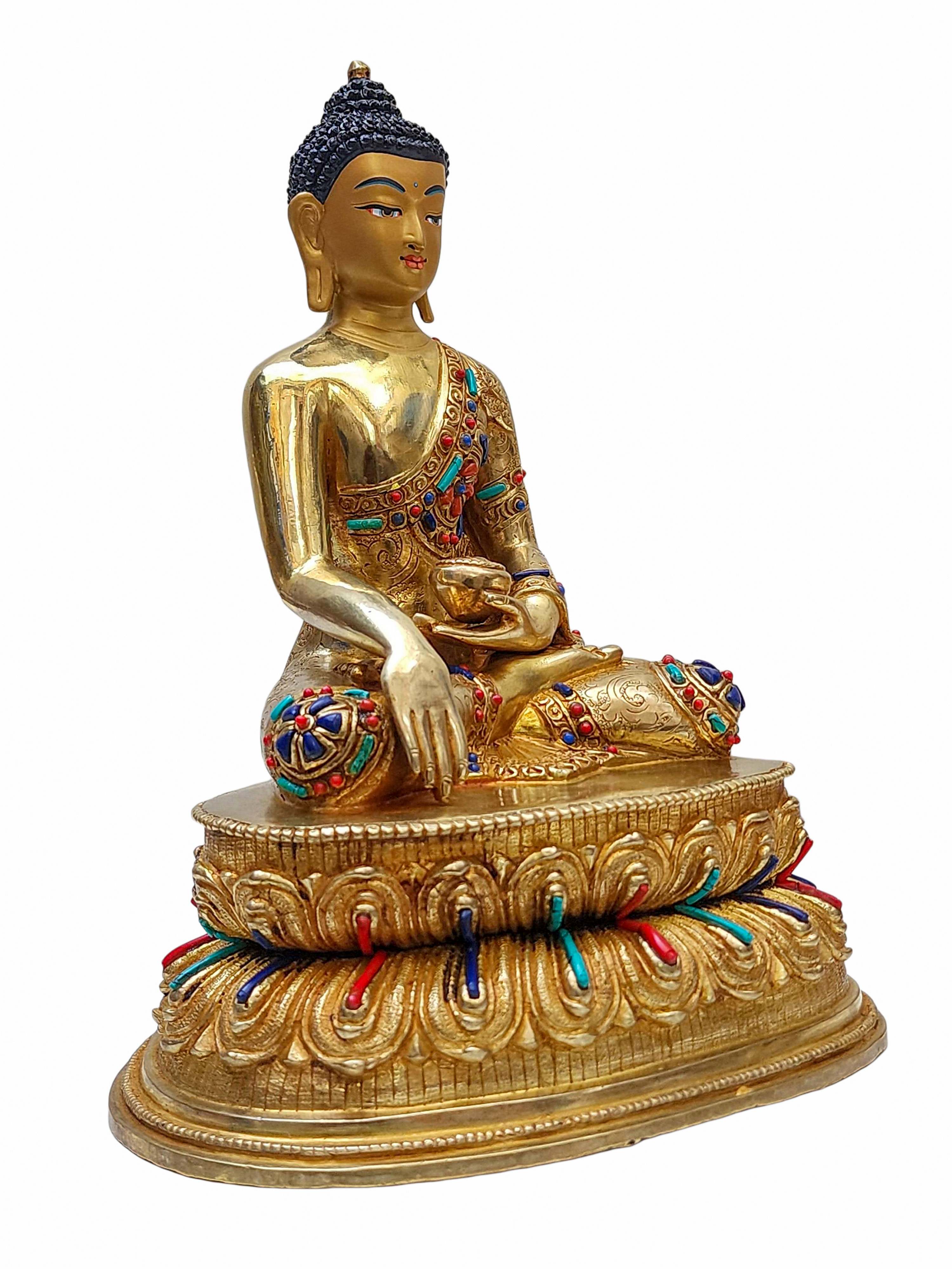 shakyamuni Buddha, Buddhist Handmade Statue With Double Base, gold Plated, face Painted And stone Setting