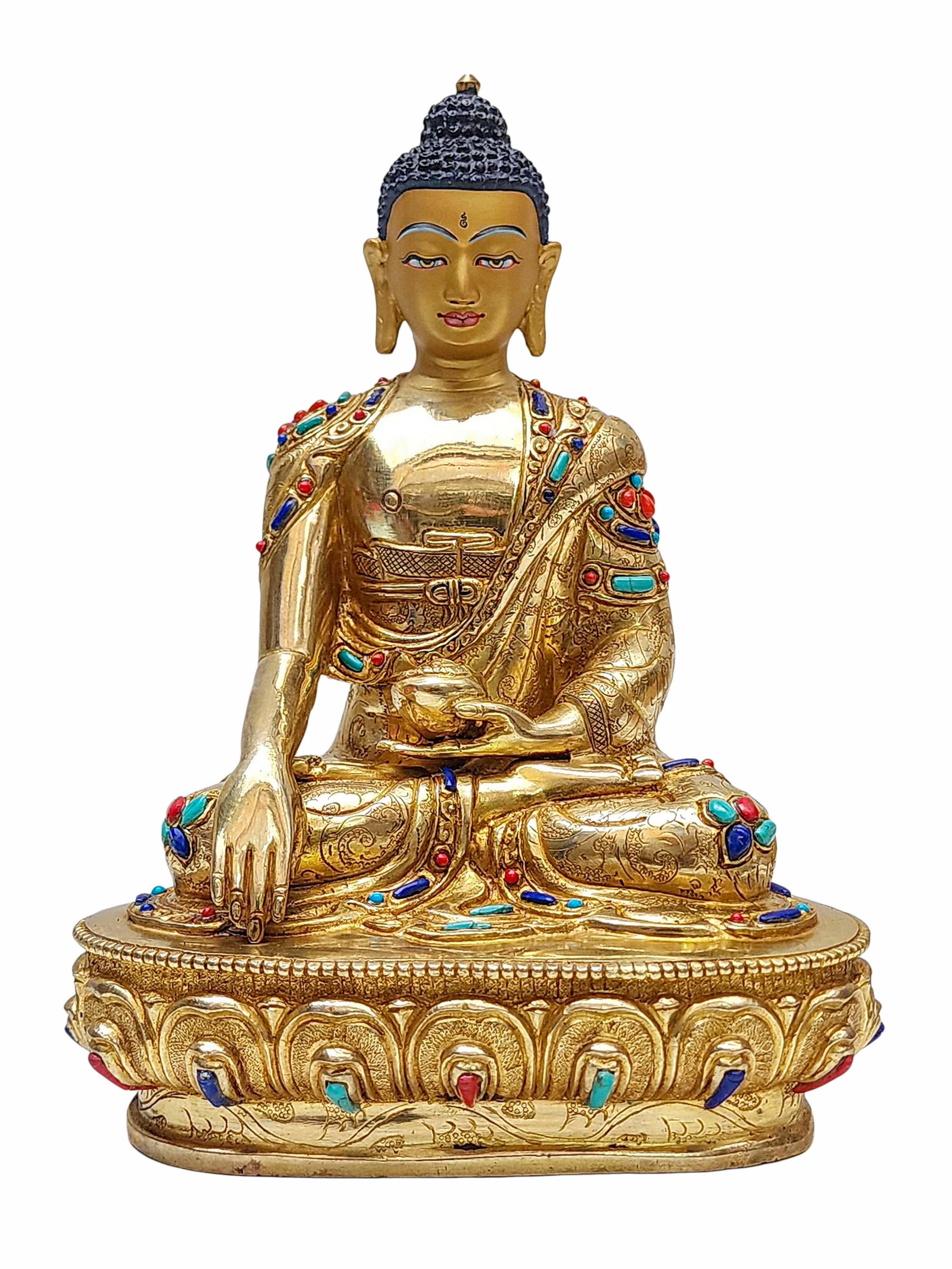 shakyamuni Buddha, Buddhist Handmade Statue, gold Plated, face Painted And stone Setting