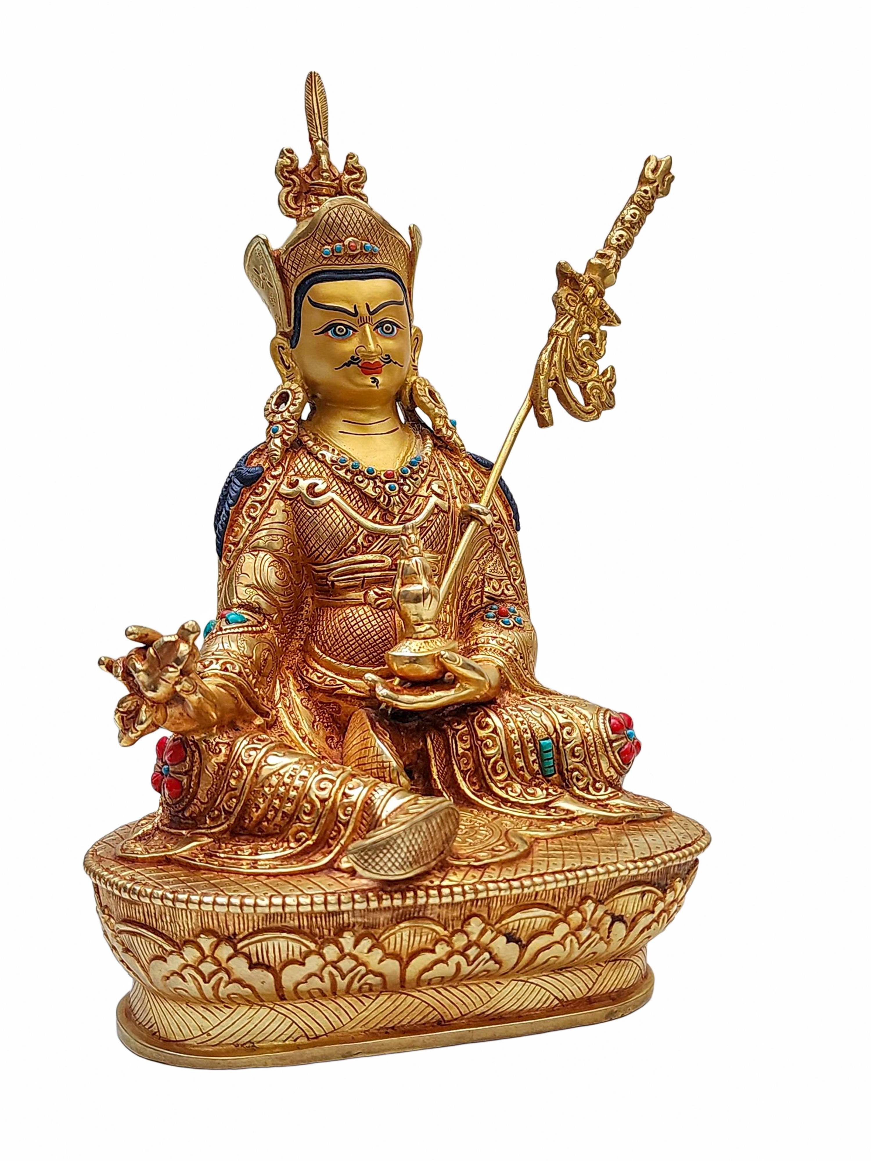 padmasambhava, Buddhist Handmade Statue, gold Plated, face Painted And stone Setting