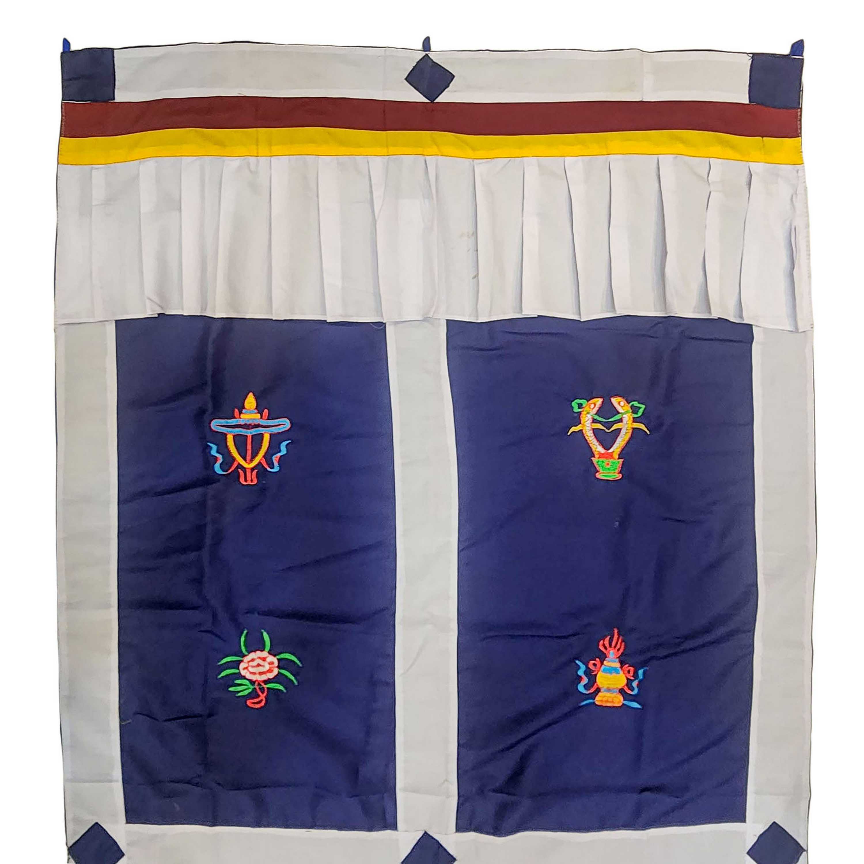 cotton Tibetan Door Curtain, With ashtamangala, white On Blue