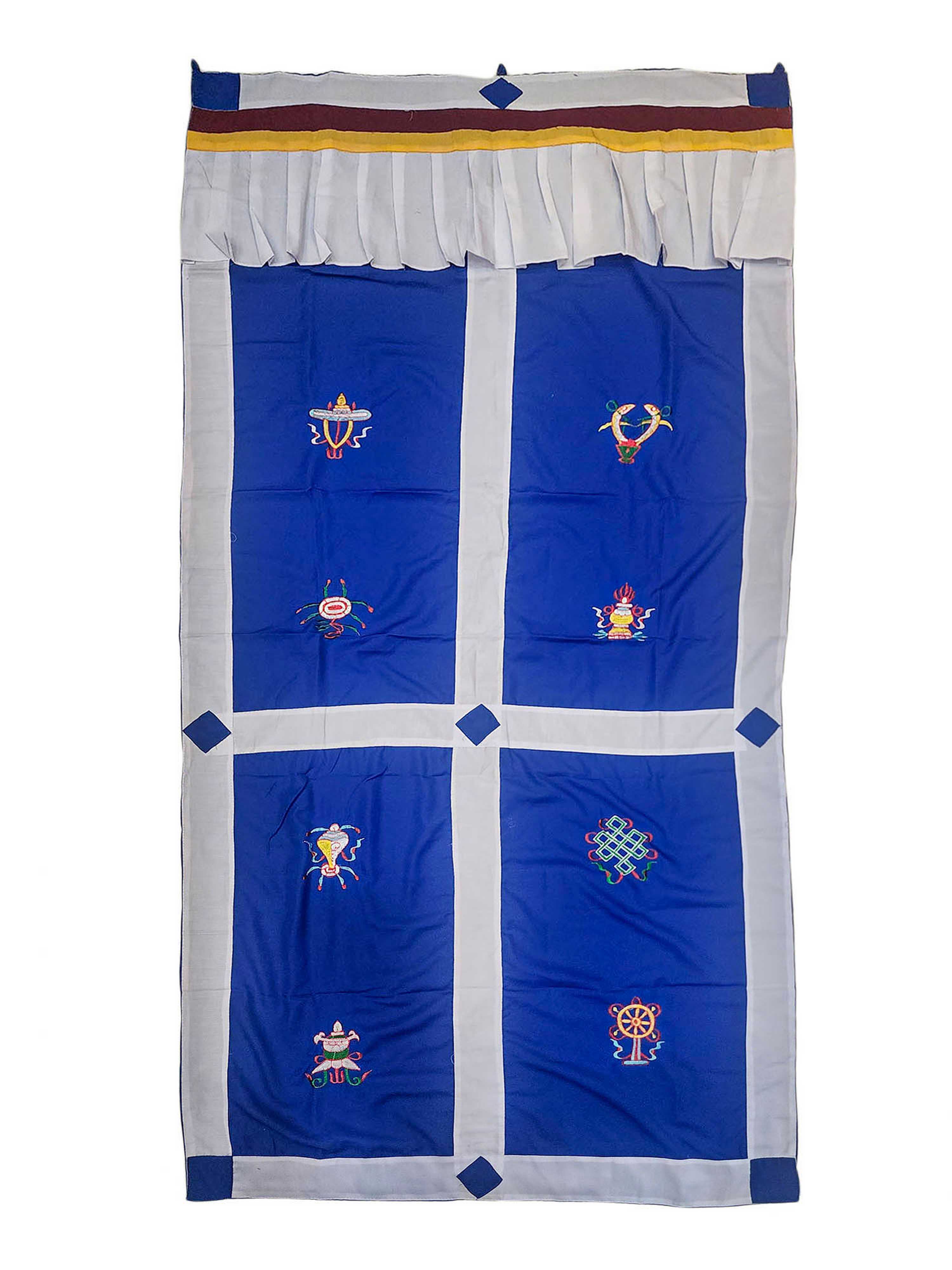 cotton Tibetan Door Curtain, With ashtamangala, white On Blue