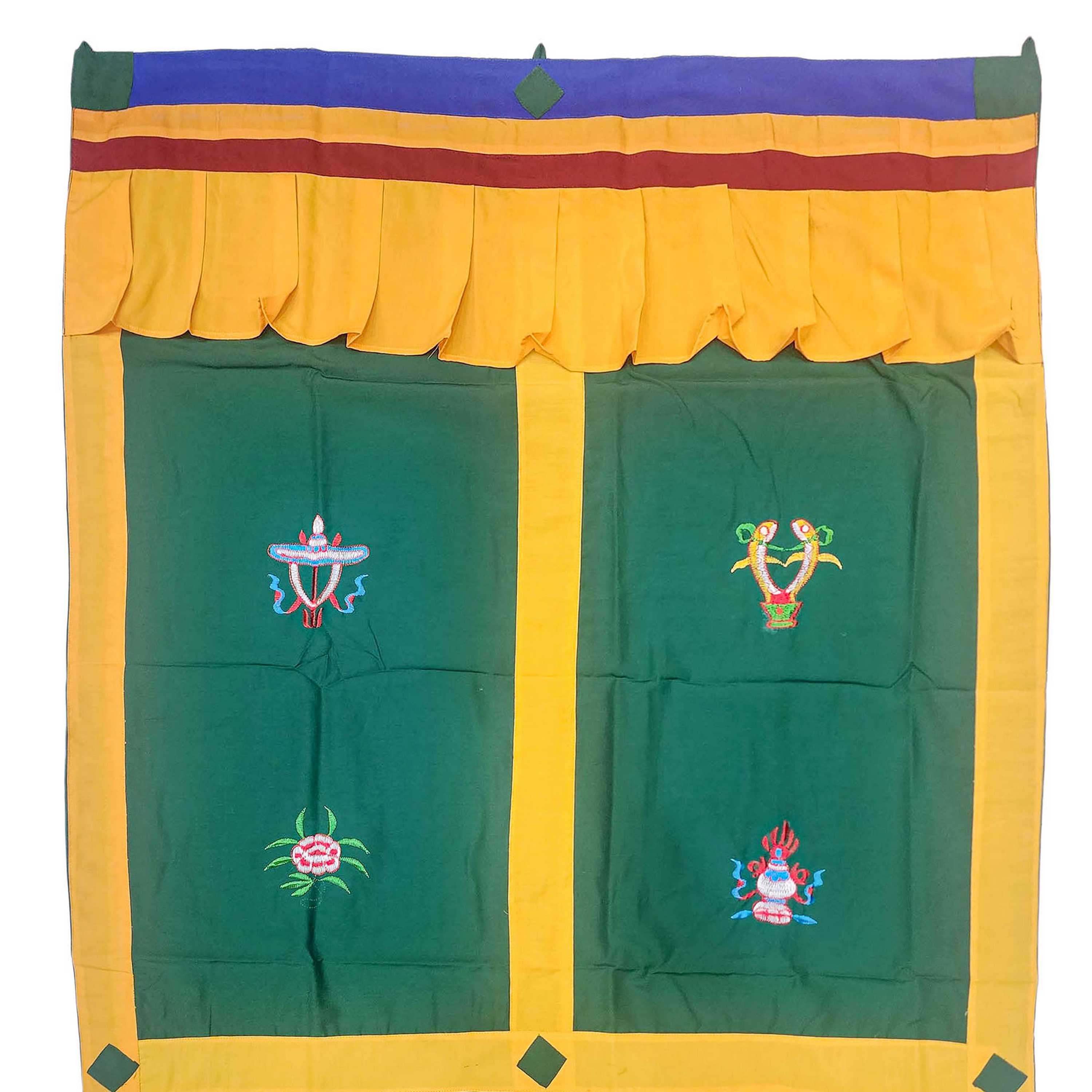 cotton Tibetan Door Curtain, With ashtamangala, yellow On Green