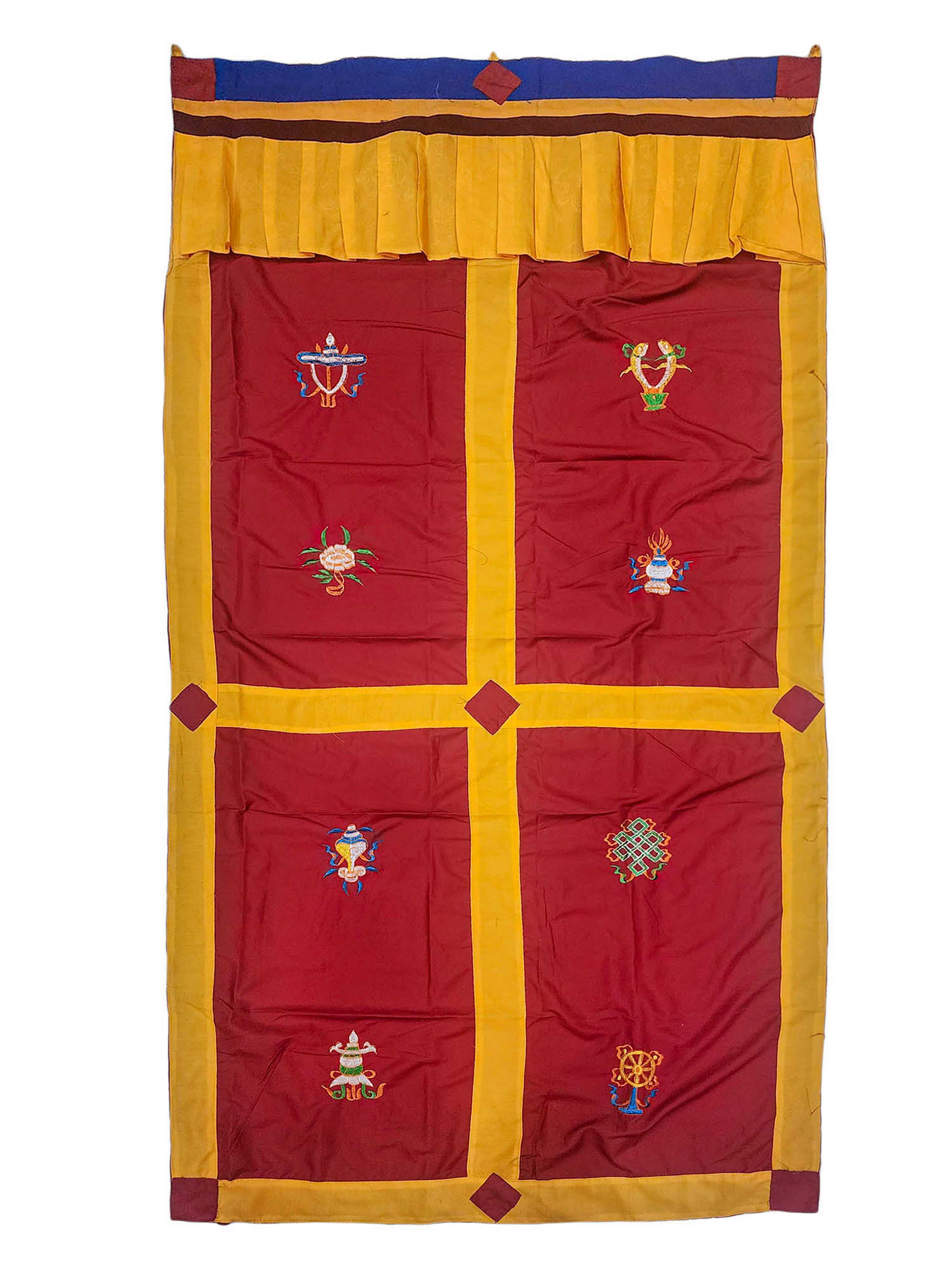 cotton Tibetan Door Curtain, With ashtamangala, yellow On Red