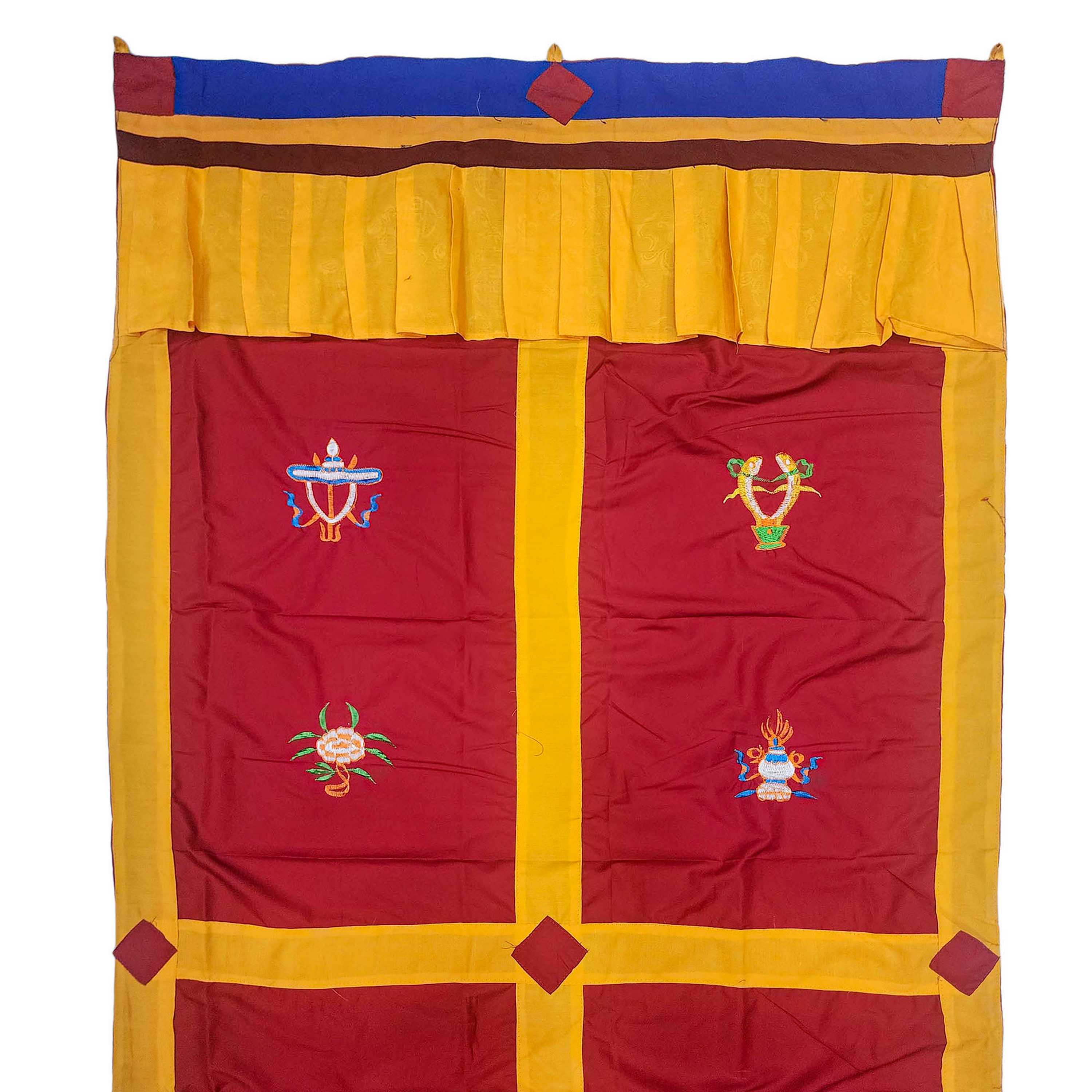 cotton Tibetan Door Curtain, With ashtamangala, yellow On Red