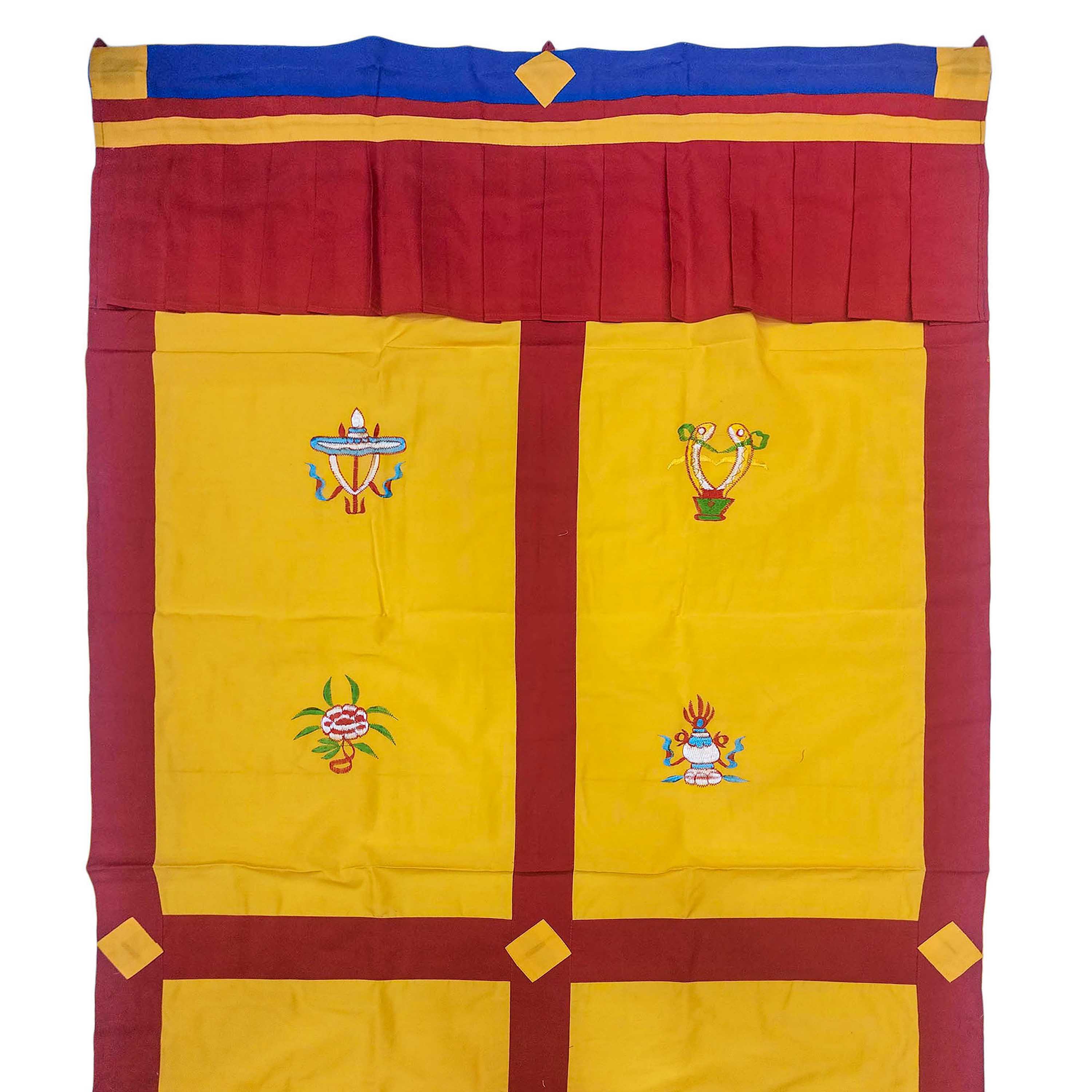 cotton Tibetan Door Curtain, With ashtamangala, red On Yellow