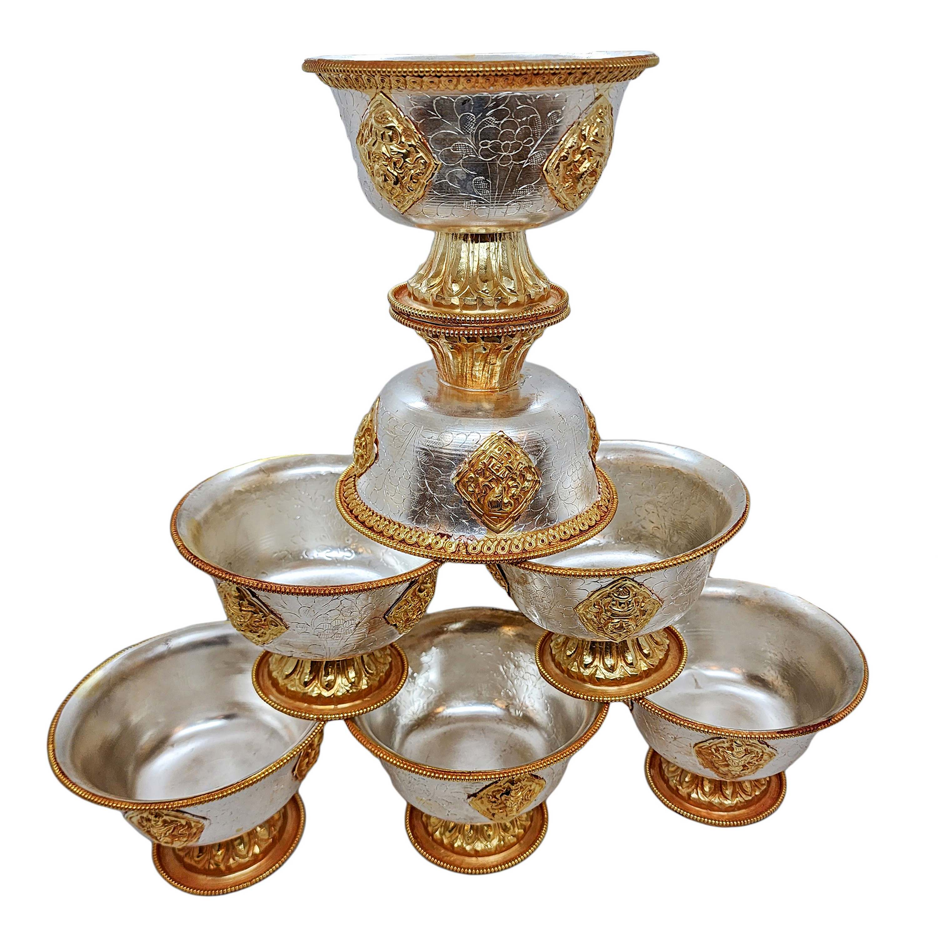 Copper Offering Bowl With Stand And Hand Carving 7 Pcs Set, Gold And Silver Plated