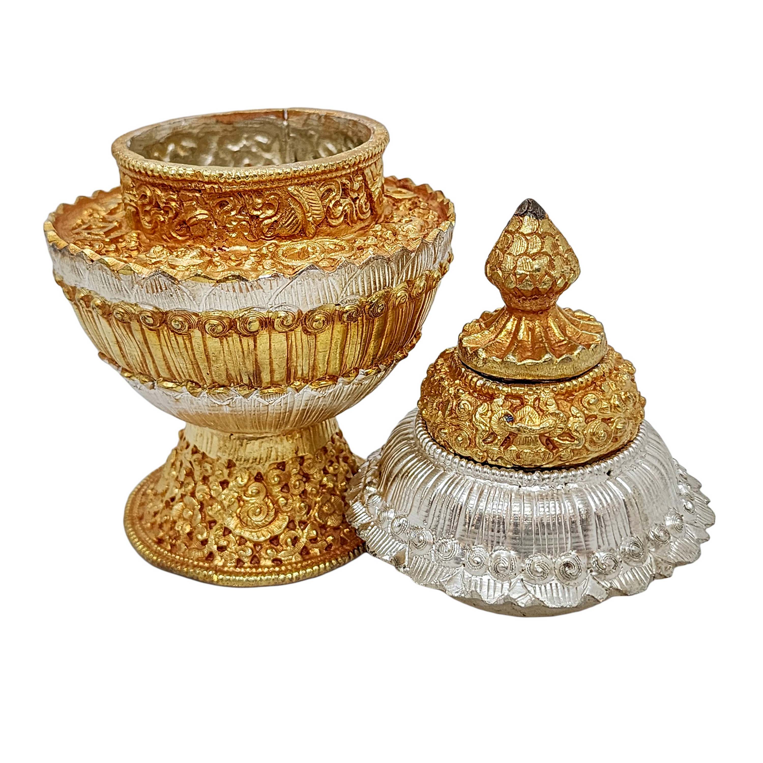 dophor, Nesi, Vessel For Offering Rice With Deep Carving, gold And Silver Plated, Rice Offering