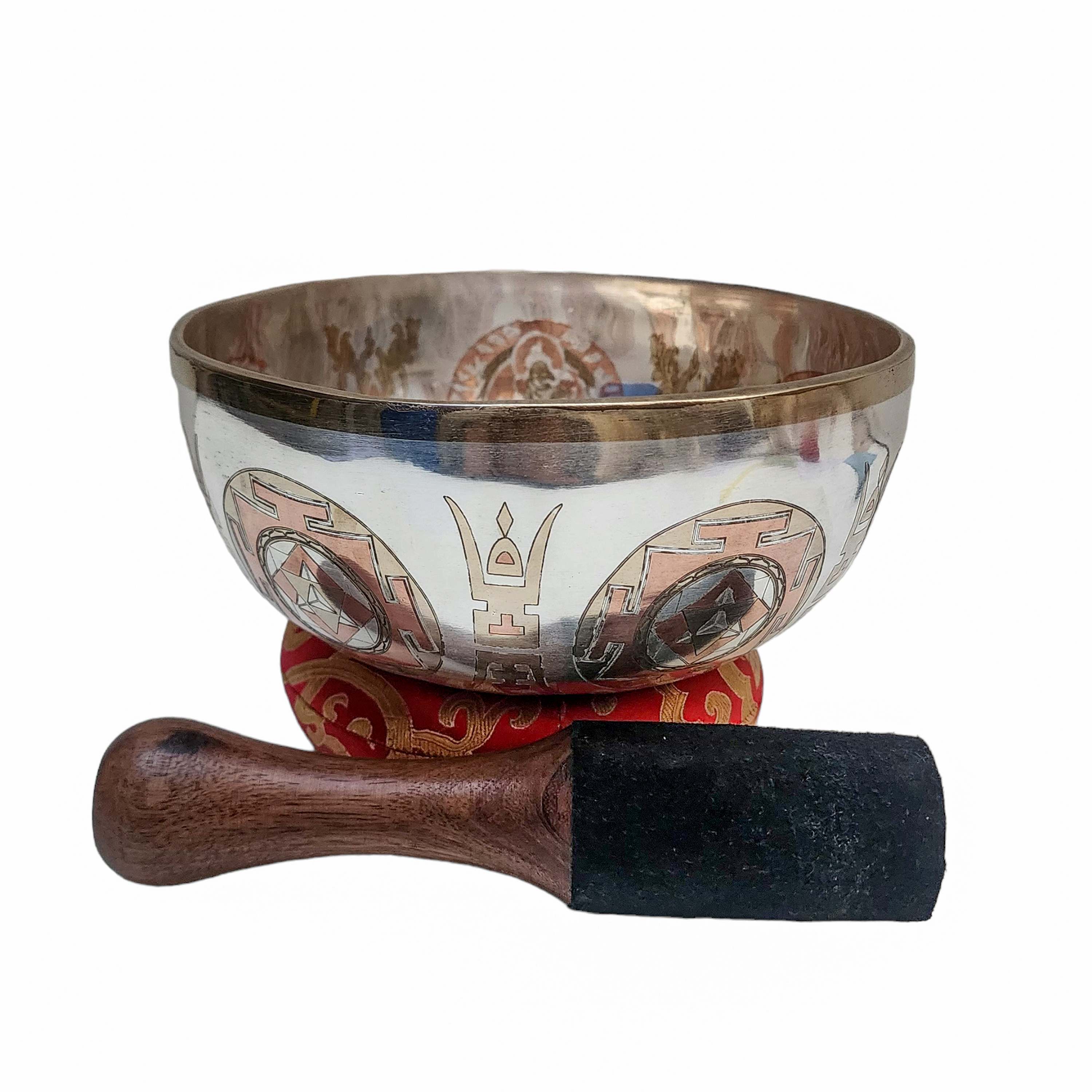 Jambati Singing Bowl Singing Bowl, Buddhist Hand Beaten, Jambhala Carved, Silver Plated