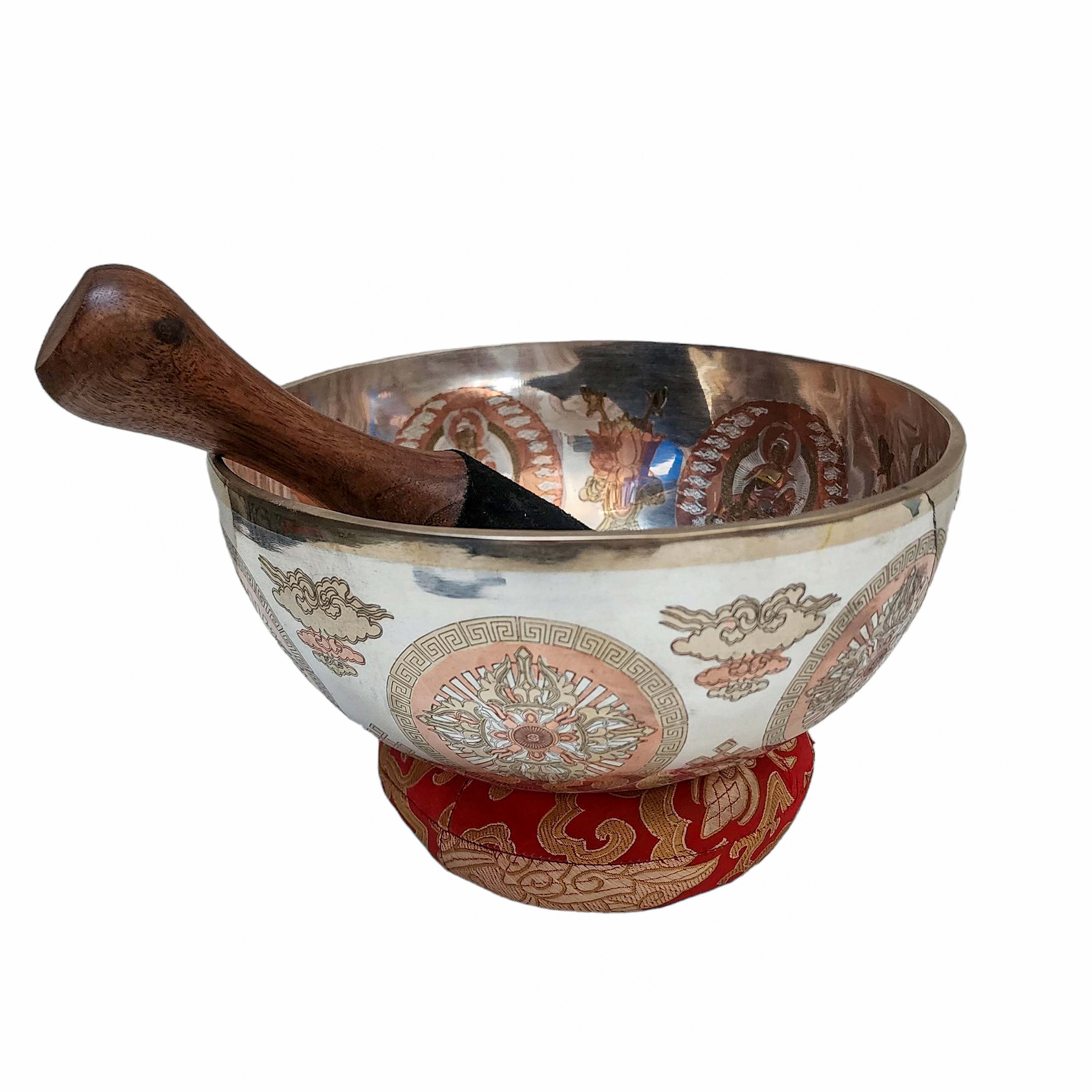 Jambati Singing Bowl Singing Bowl, Buddhist Hand Beaten, Shakyamuni Buddha Carved, Silver Plated