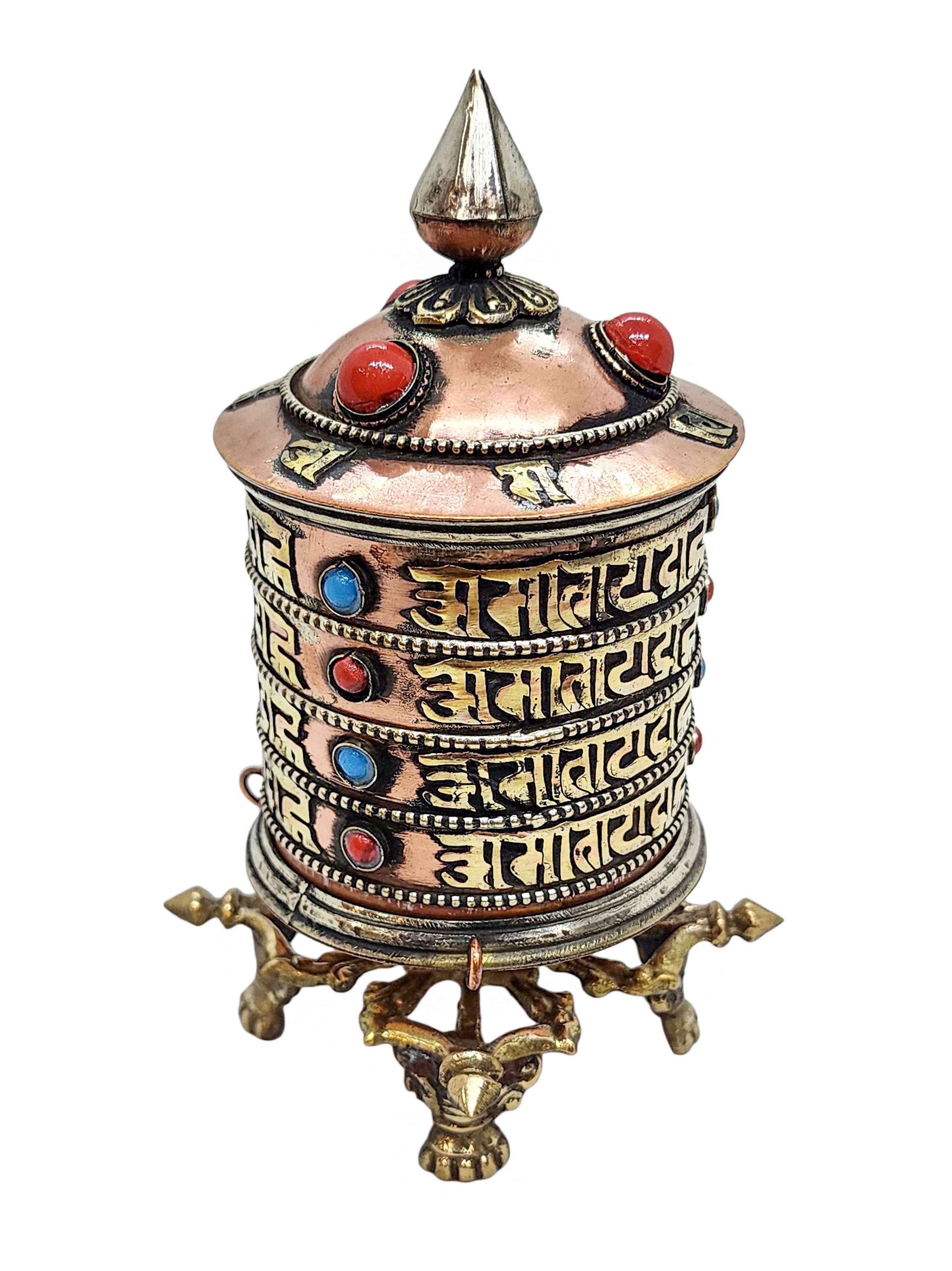 Table Top Prayer Wheel, Buddhist Handmade Prayer Wheel With Double Dorje Stand, stone Setting, mantra Inside