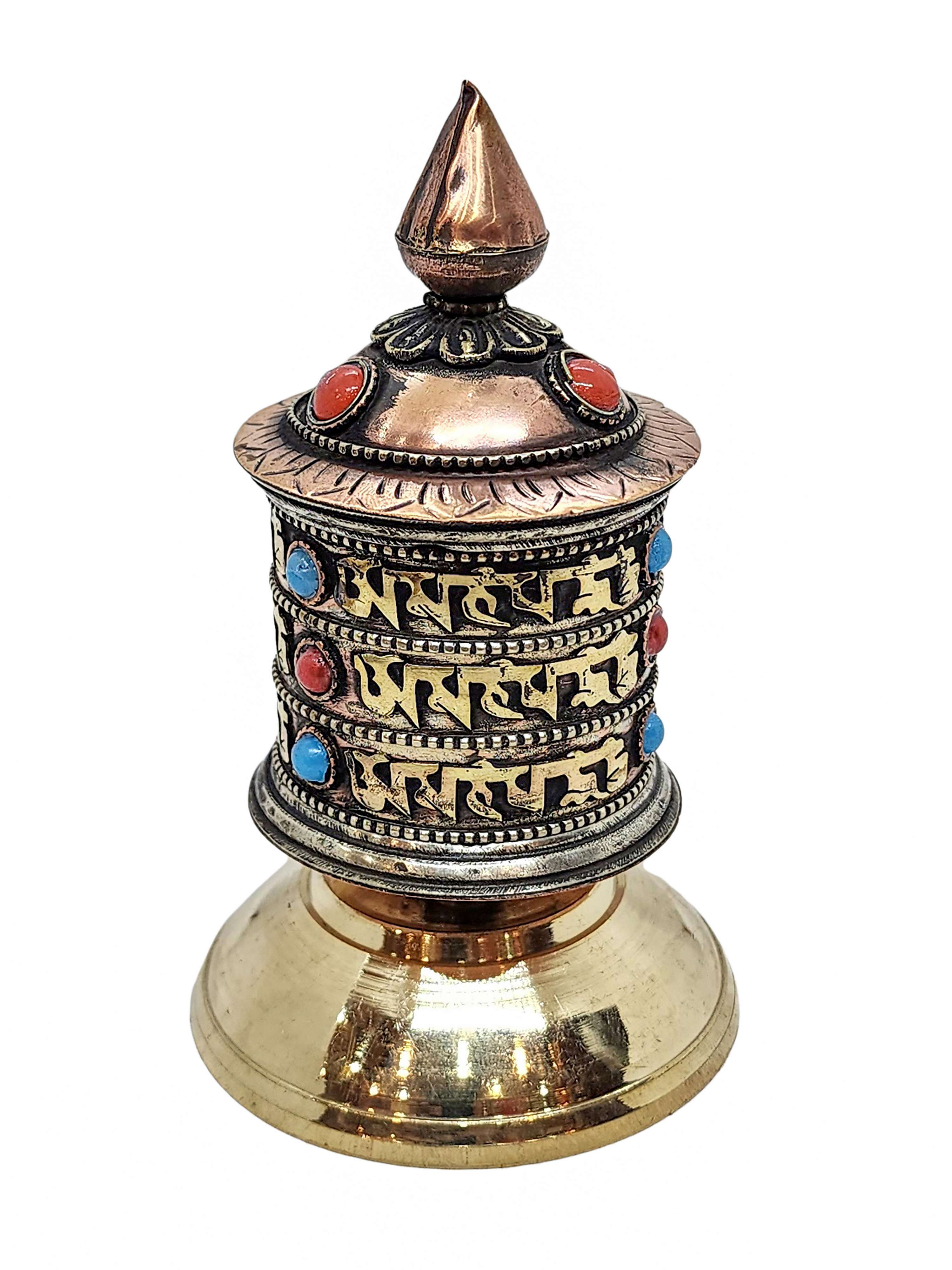 Table Top Prayer Wheel, Buddhist Handmade Payer Wheel With Mantra Inside, stone Setting