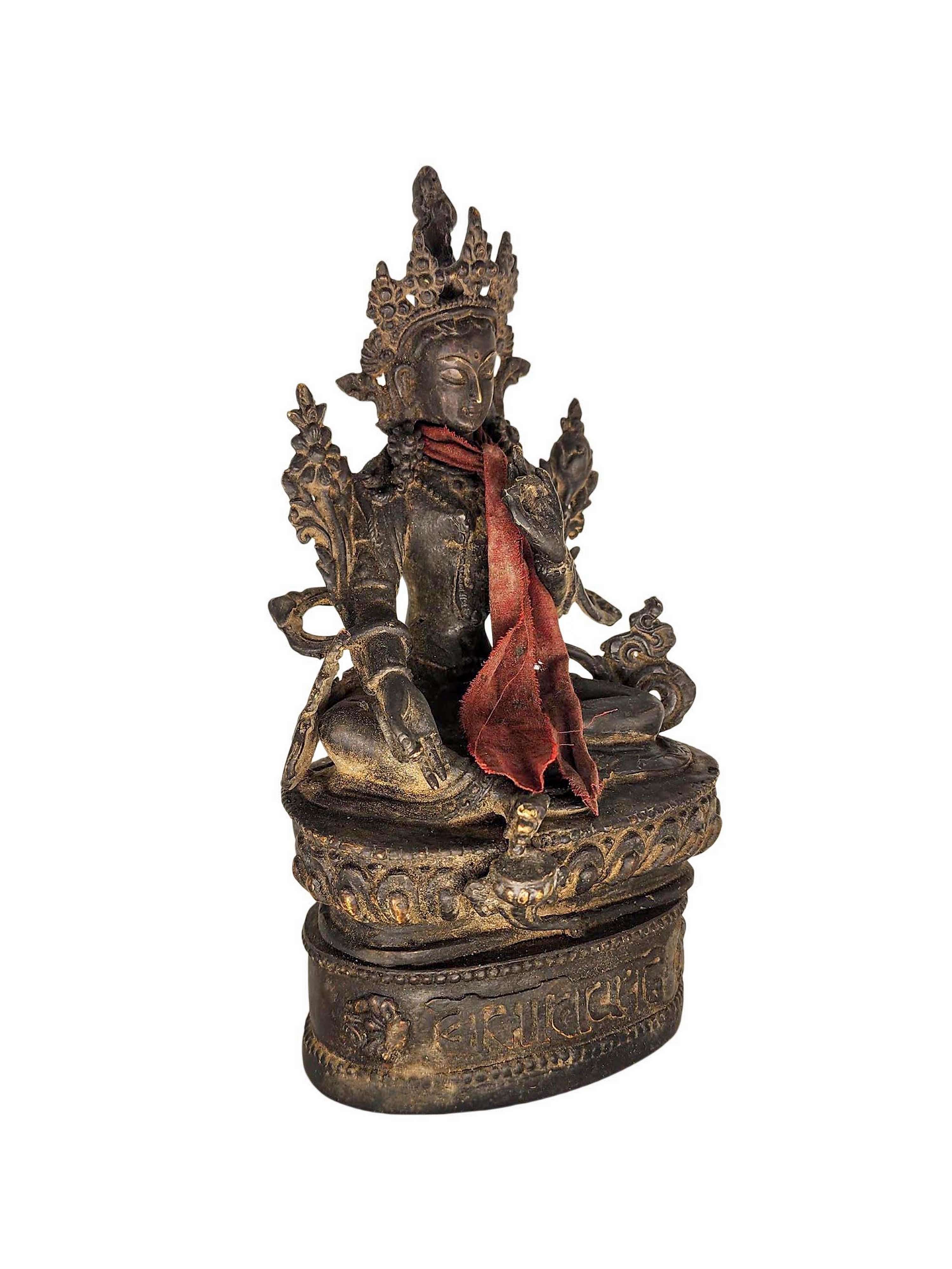 green Tara, Buddhist Statue, antique, chocolate Oxidized