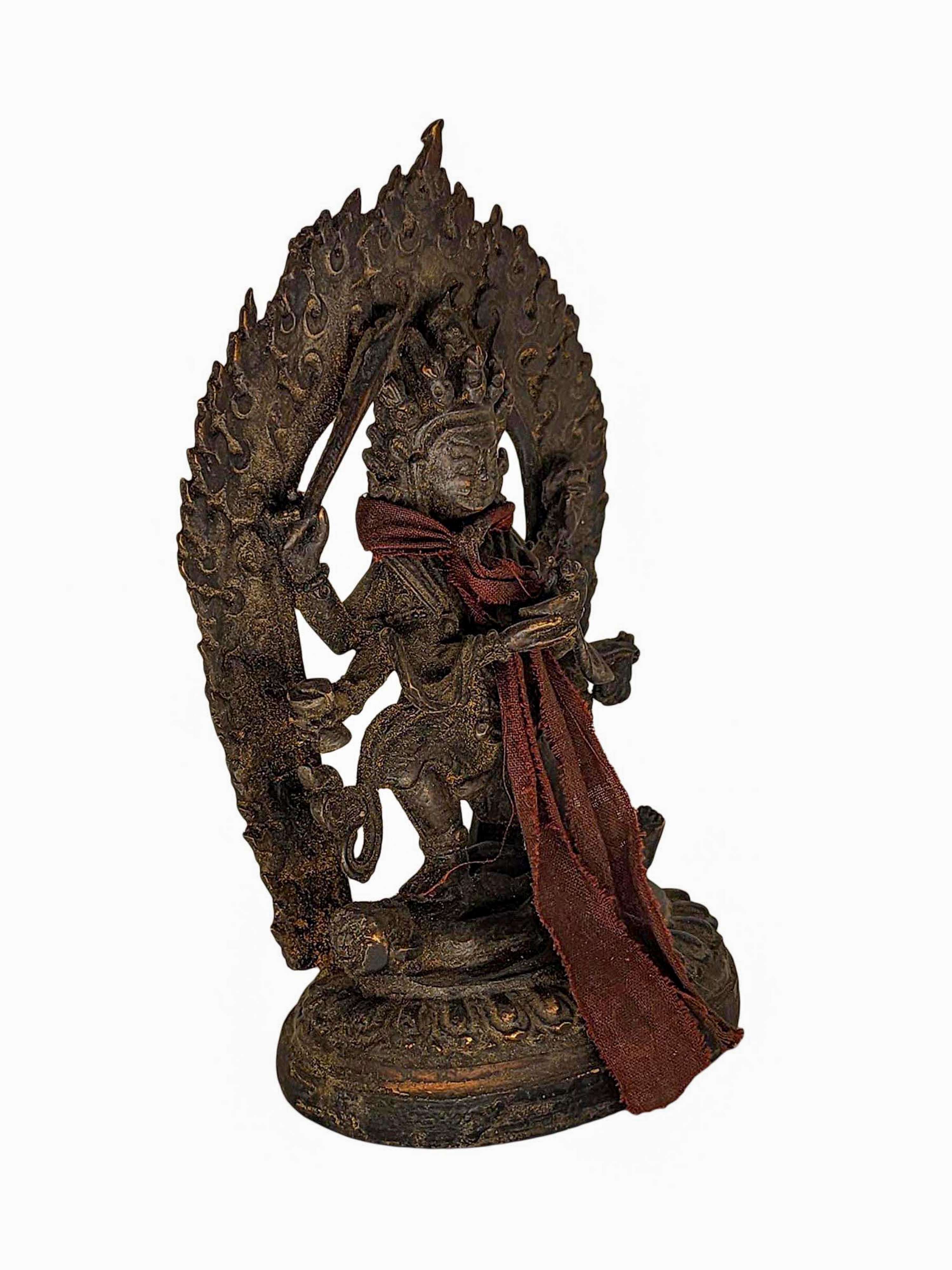 mahakala Four Arms, Buddhist Statue, antique, chocolate Oxidized