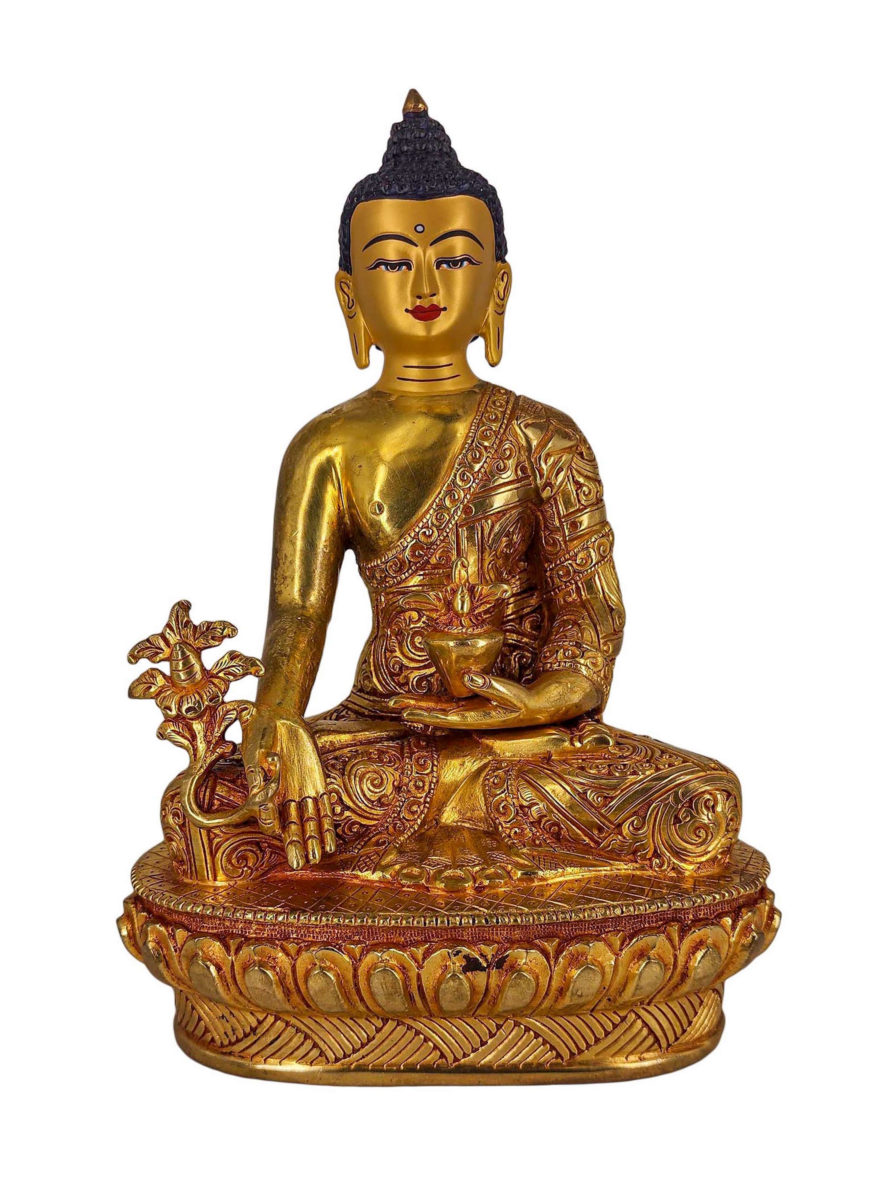 medicine Buddha, Buddhist Handmade Statue, gold Plated With face Painted