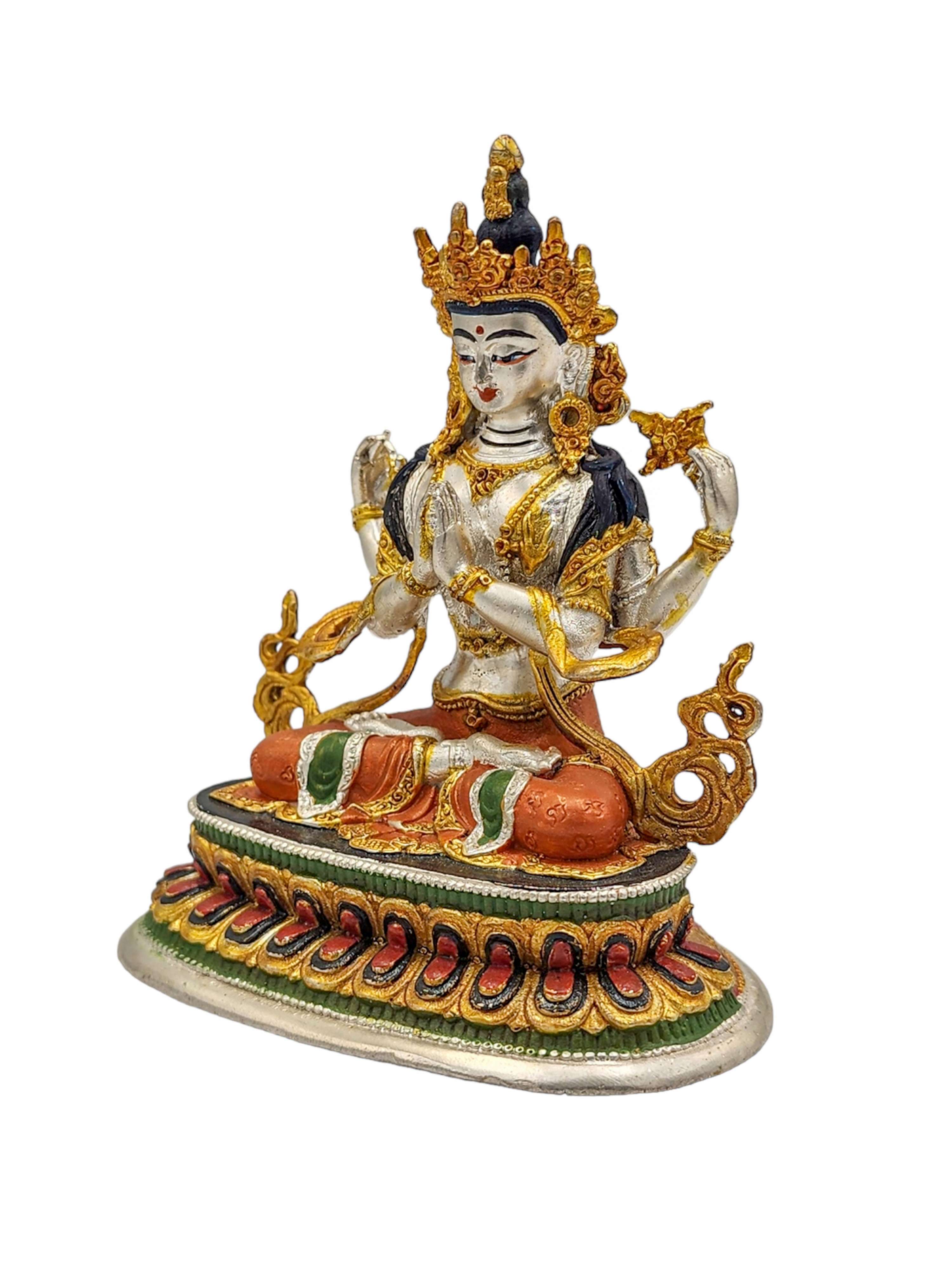 chenrezig, Buddhist Miniature Statue, high Quality, partly Gold Plated, traditional Color Finishing, high Quality