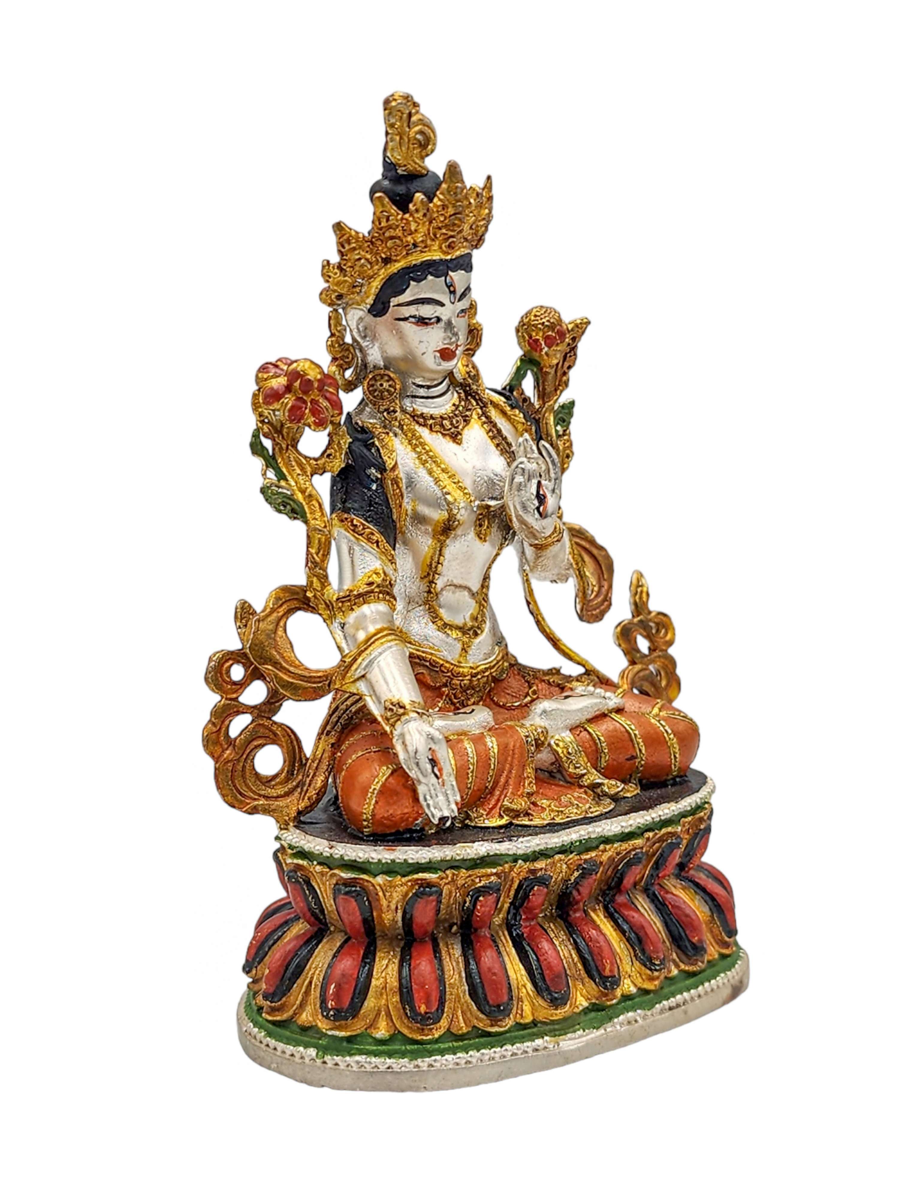 white Tara, Buddhist Miniature Statue, high Quality, partly Gold Plated, traditional Color Finishing, high Quality