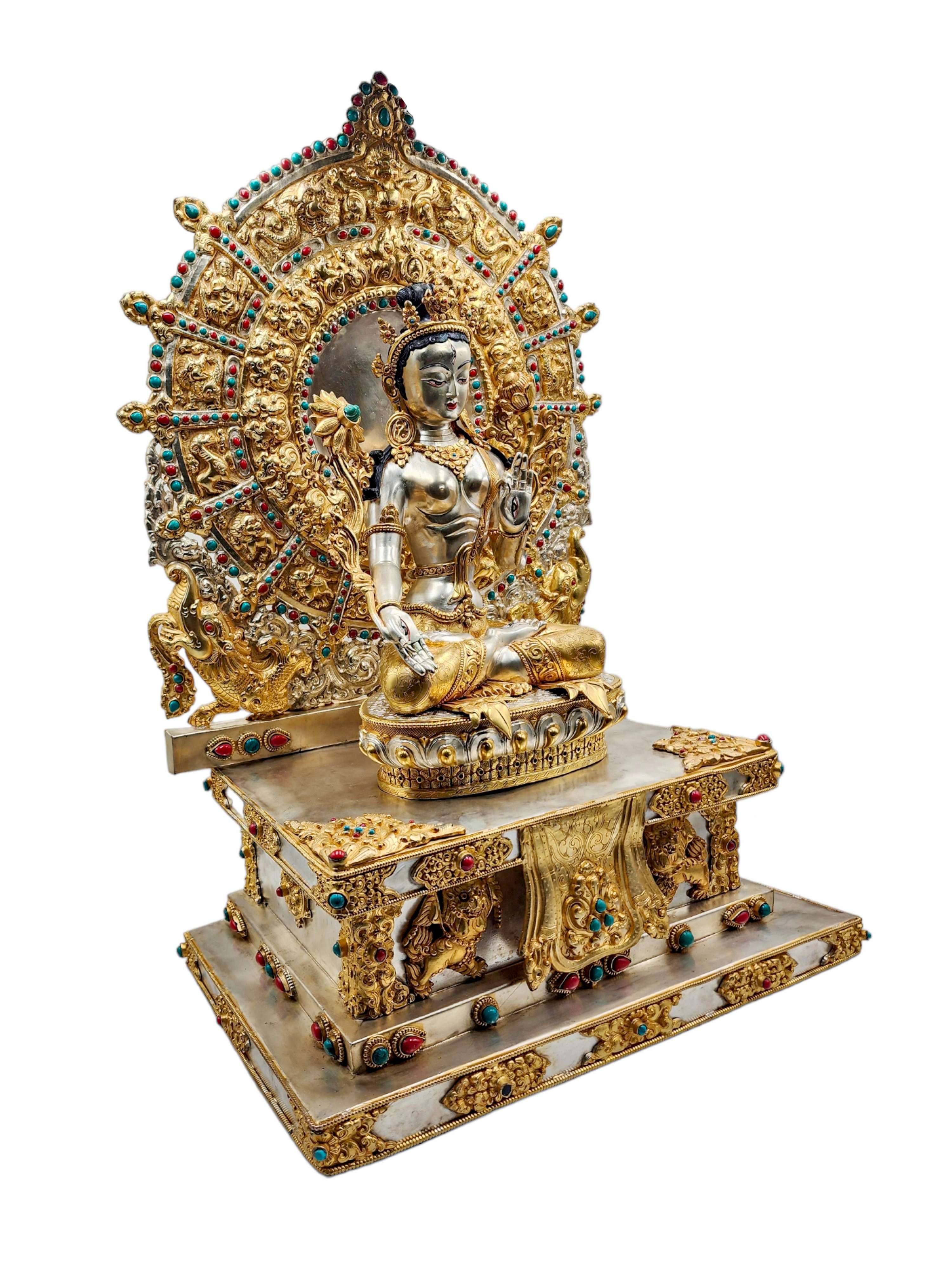 white Tara, Buddhist Handmade Statue On Throne, gold And Silver. Plated, stone Setting, high Quality